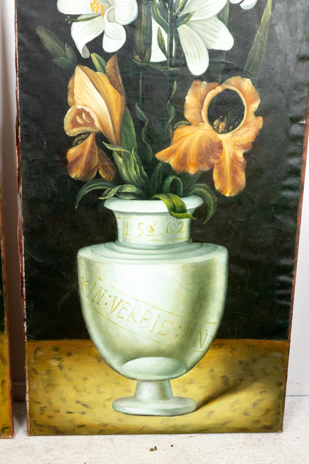 Painted Pair of Large Oil on Canvas Paintings of Lilies in Apothecary Jars For Sale