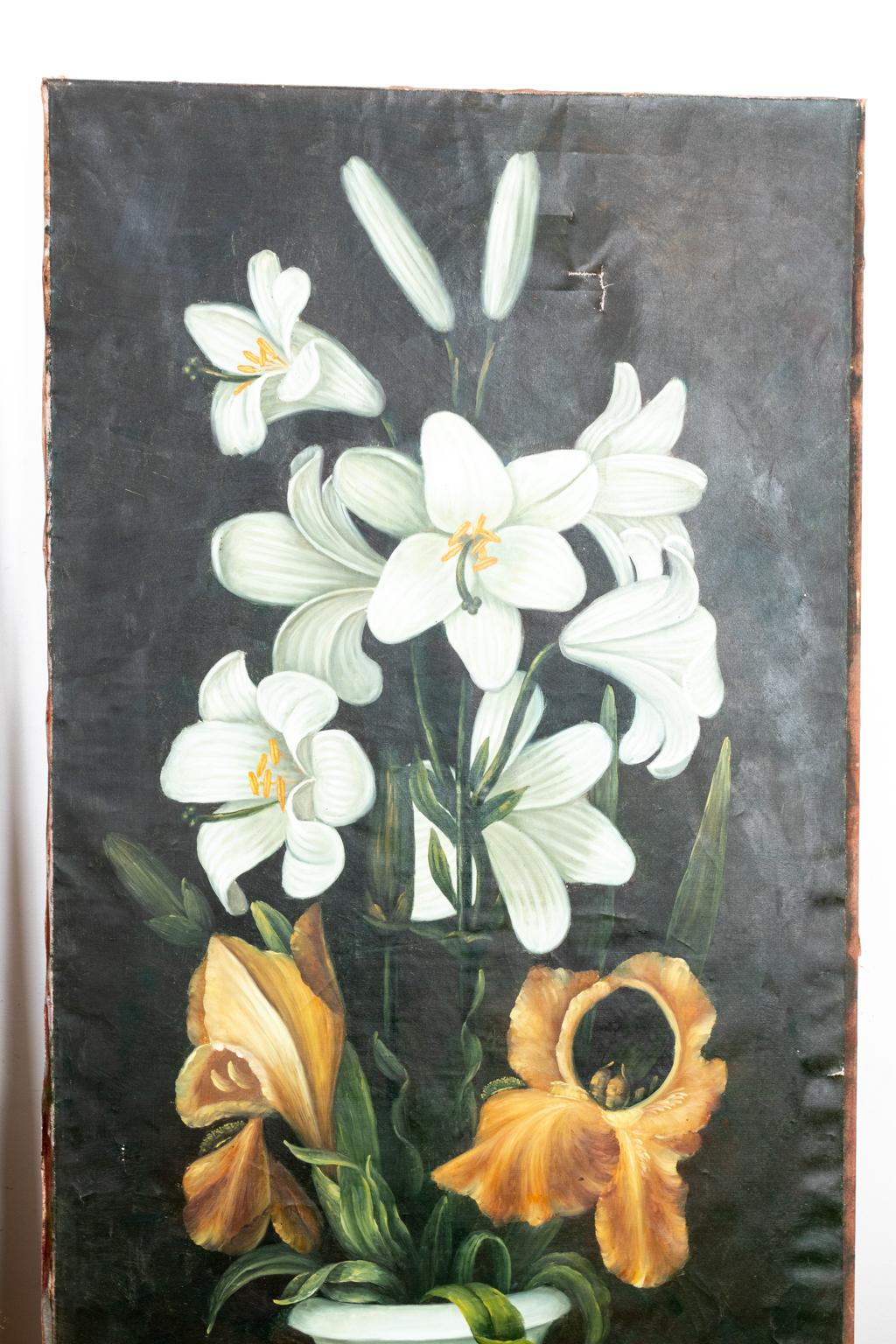 Pair of Large Oil on Canvas Paintings of Lilies in Apothecary Jars In Good Condition For Sale In Stamford, CT