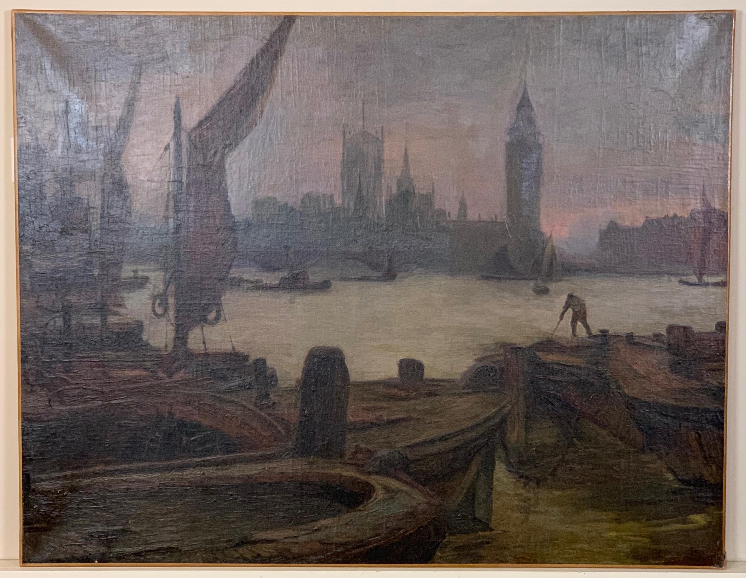 A pair of large and dramatic oil on canvas paintings of Views of London on the Thames dated 1913 by the artist Alfred Kemplen.