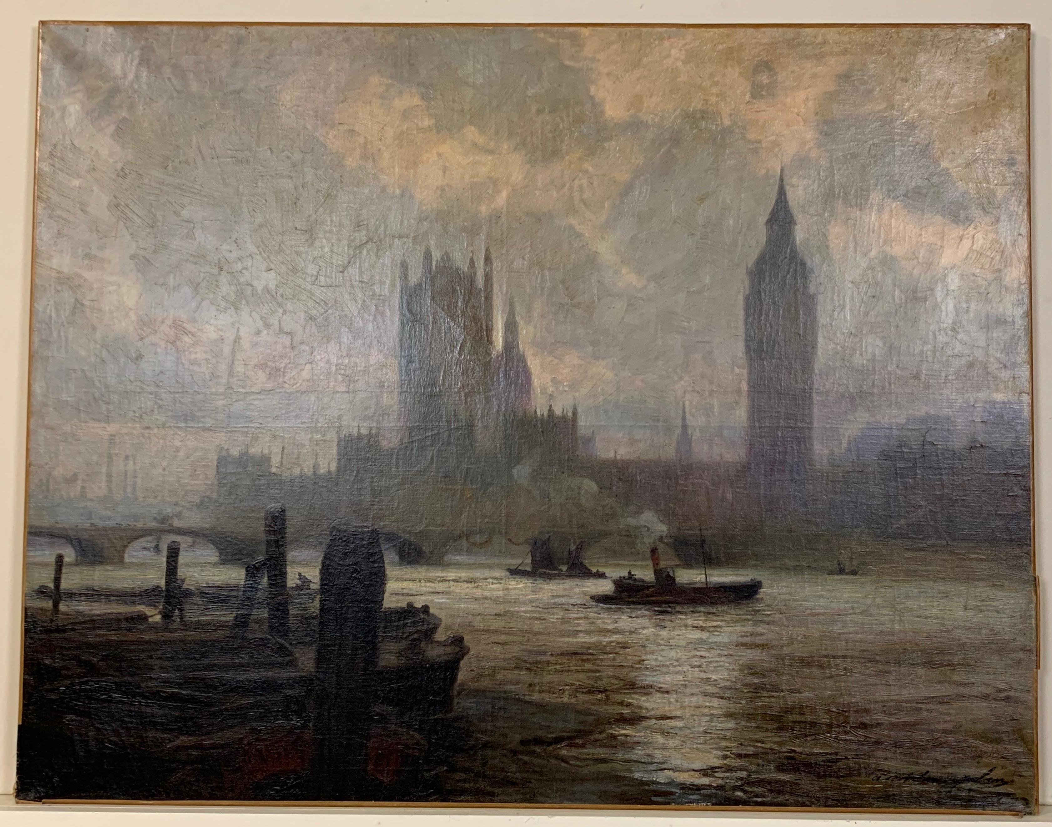 Early 20th Century Pair of Large Oil on Canvas Paintings of London