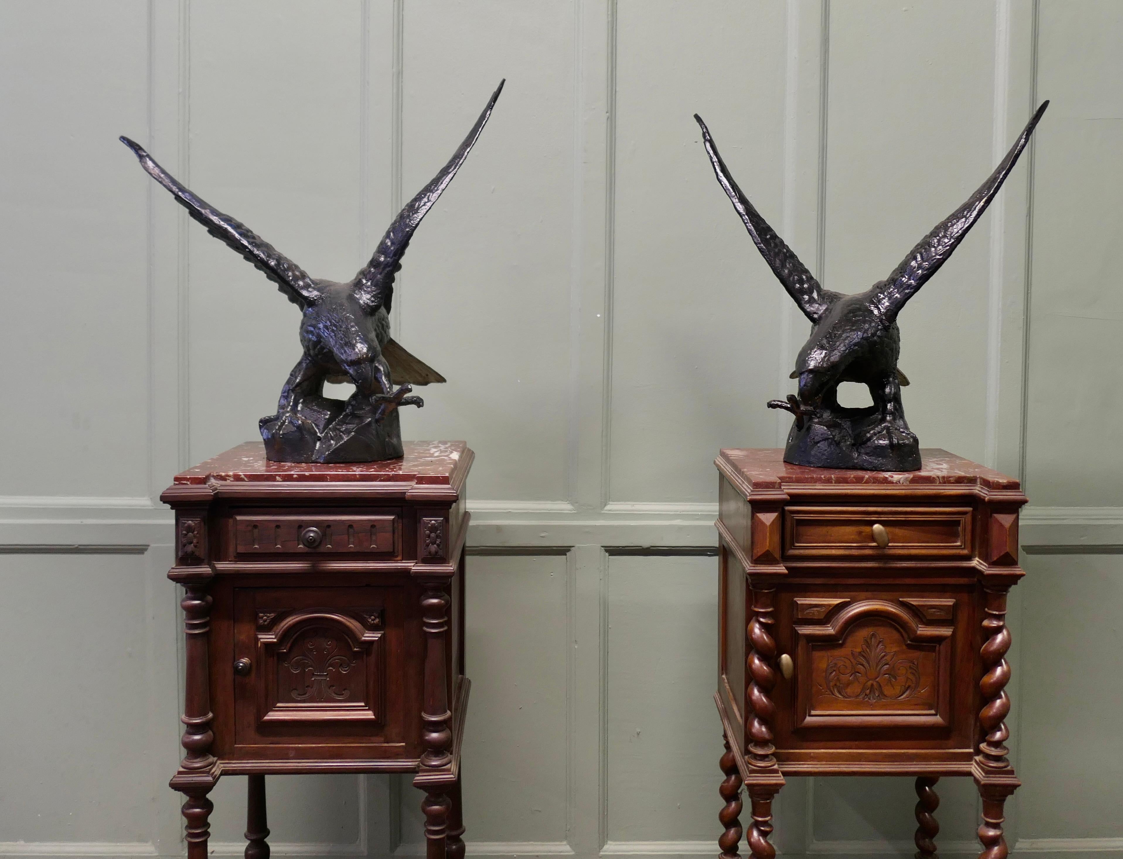 Folk Art Pair of Large Old Iron Eagle Statues or Pillar Caps For Sale