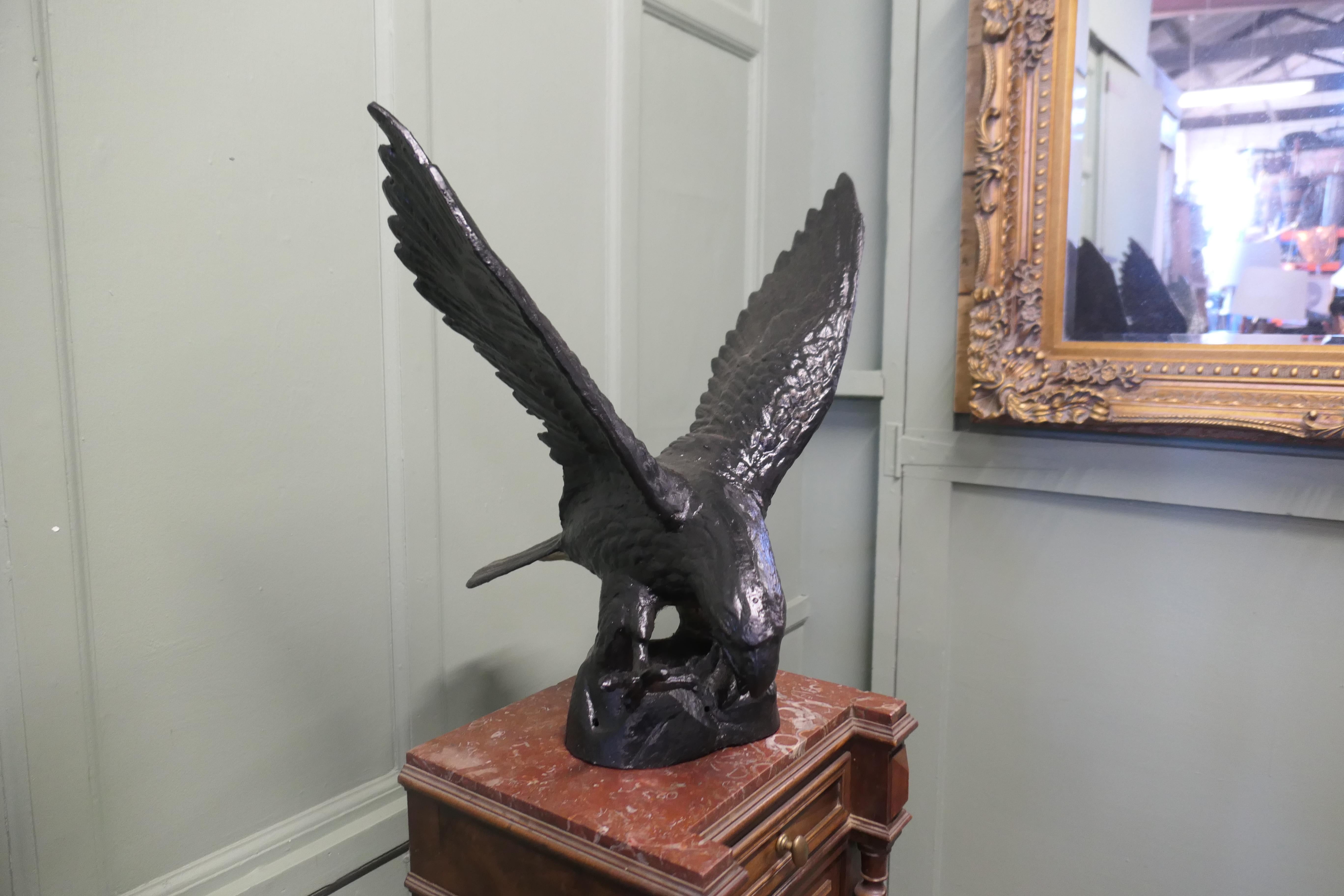 Mid-20th Century Pair of Large Old Iron Eagle Statues or Pillar Caps For Sale