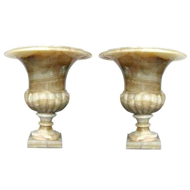 Pair of Large Onyx Urns For Sale