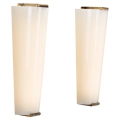 Used Pair of Large Opal Glass and Brass Wall Lamps, Italy 1960s