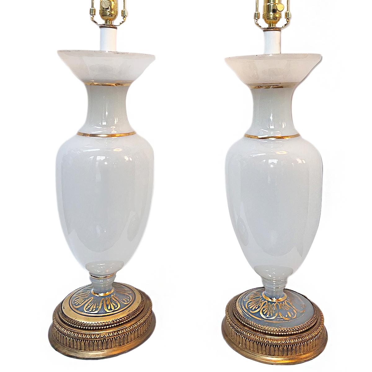 French Pair of Large Opaline Glass Lamps For Sale
