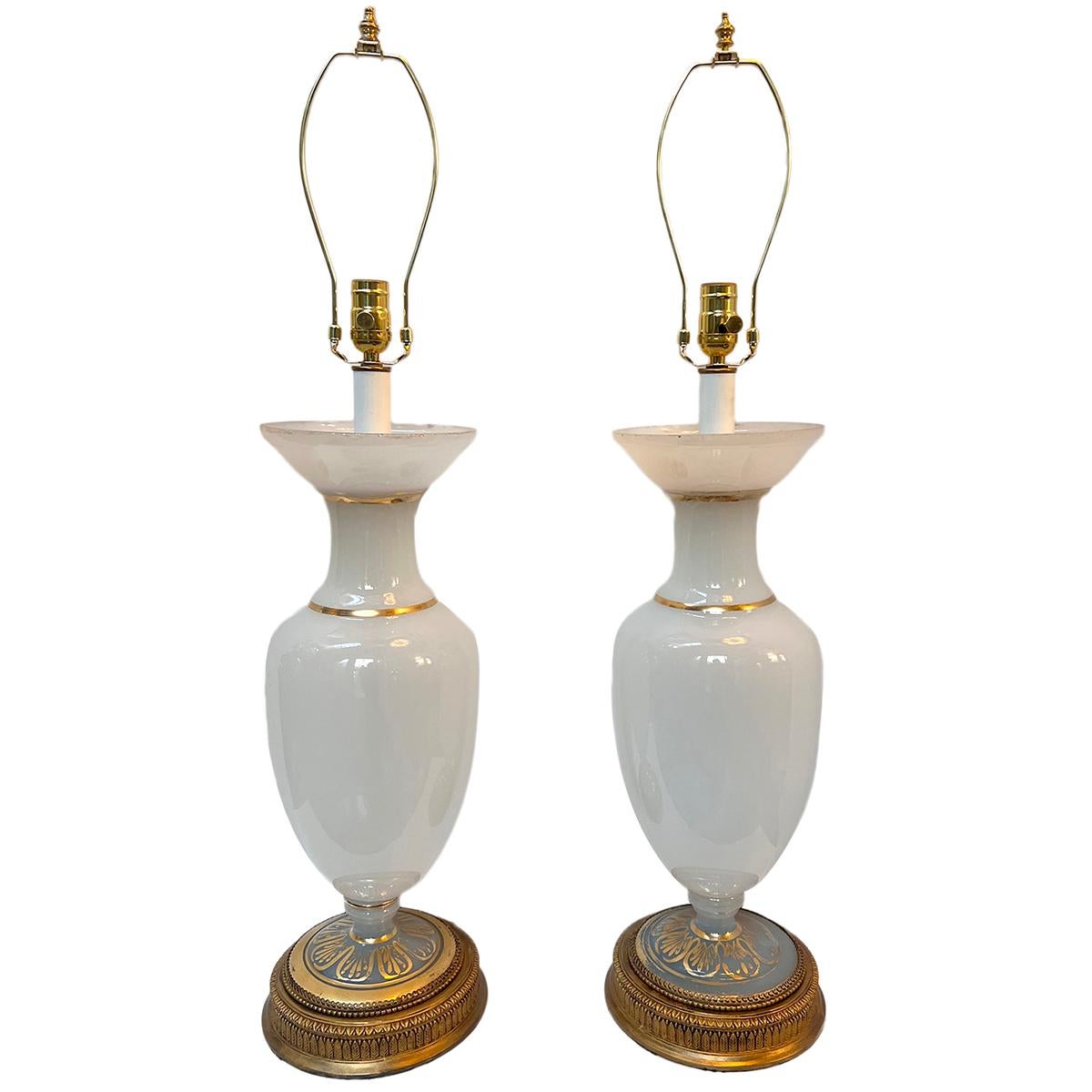 Pair of Large Opaline Glass Lamps For Sale 2
