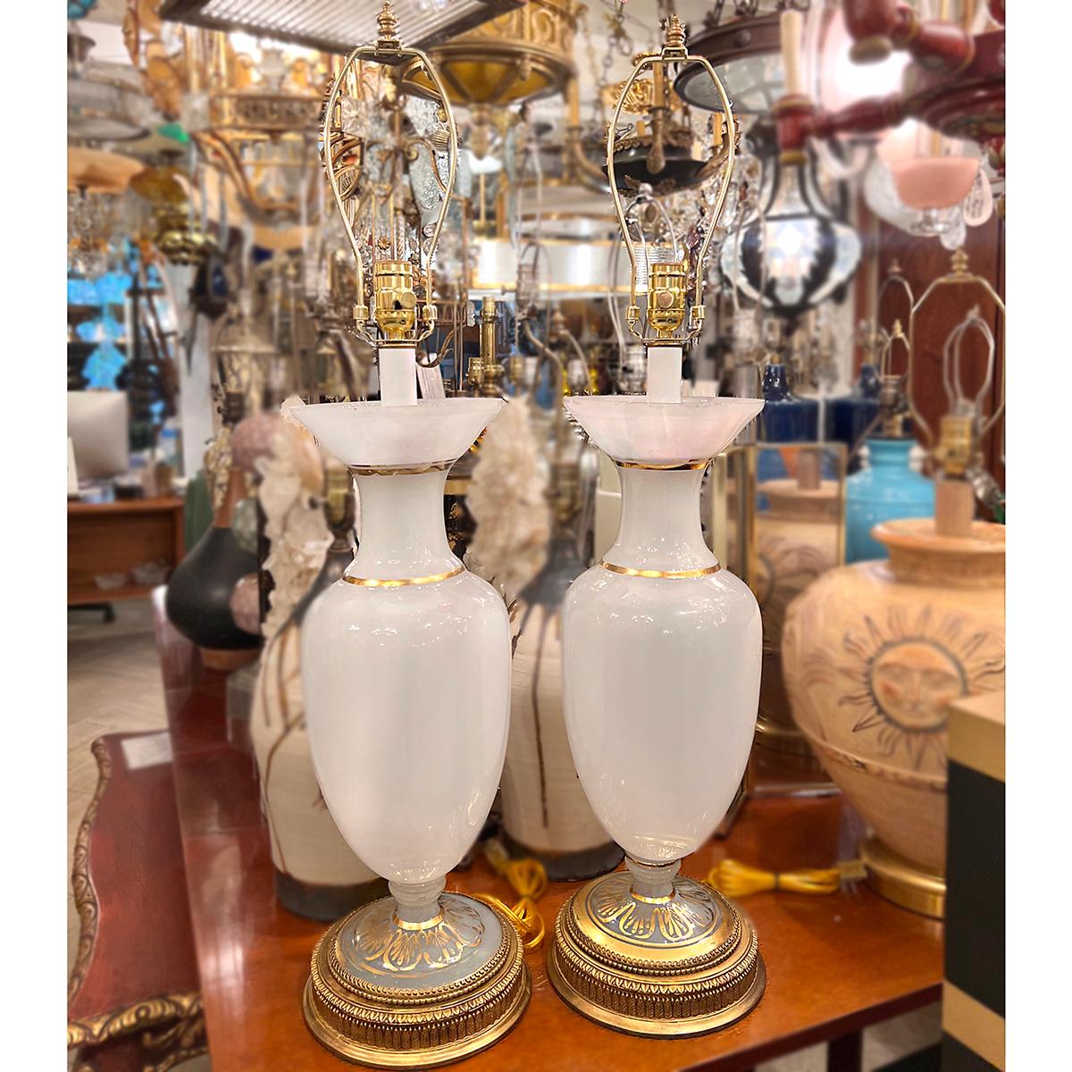 Pair of Large Opaline Glass Lamps For Sale 3