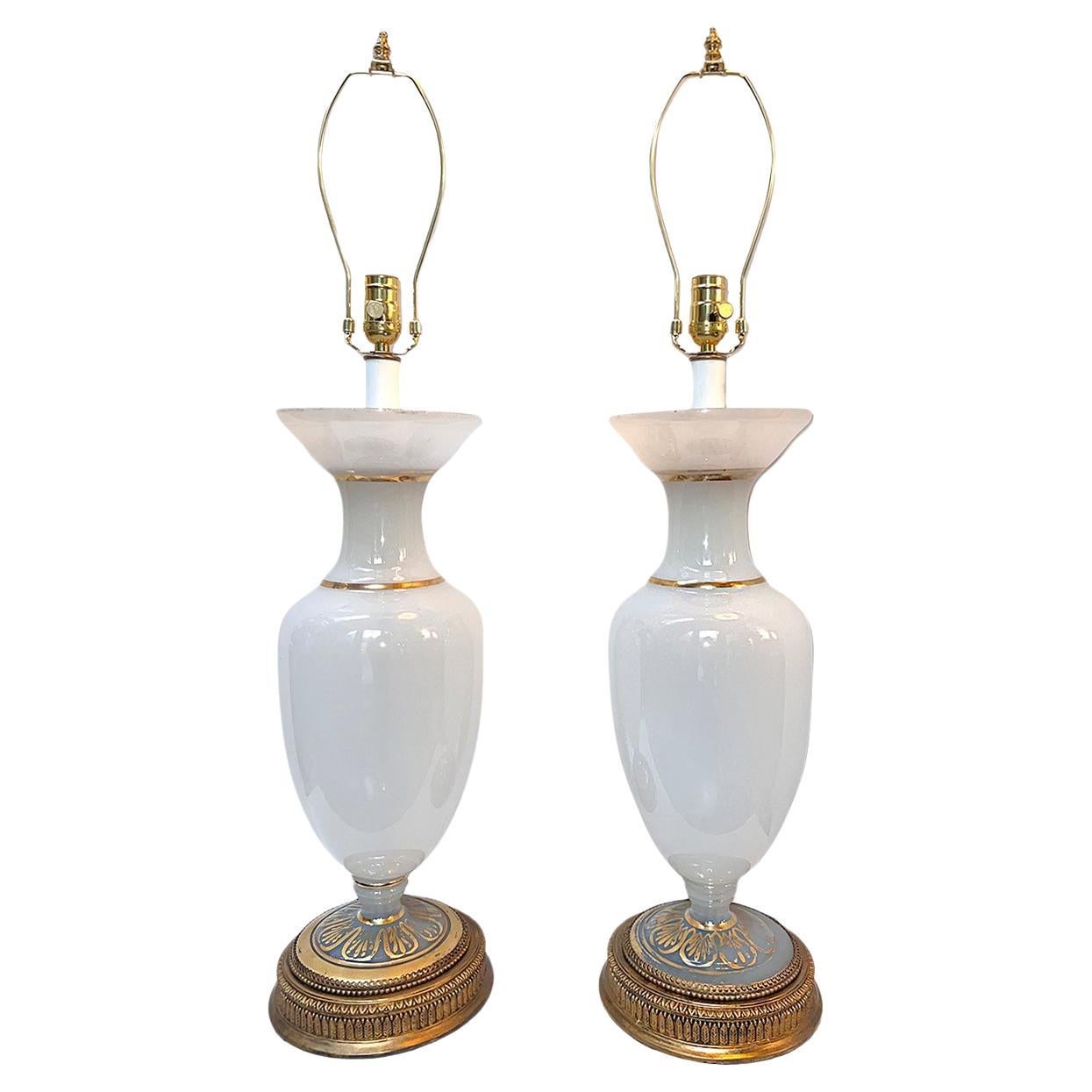 Pair of Large Opaline Glass Lamps For Sale