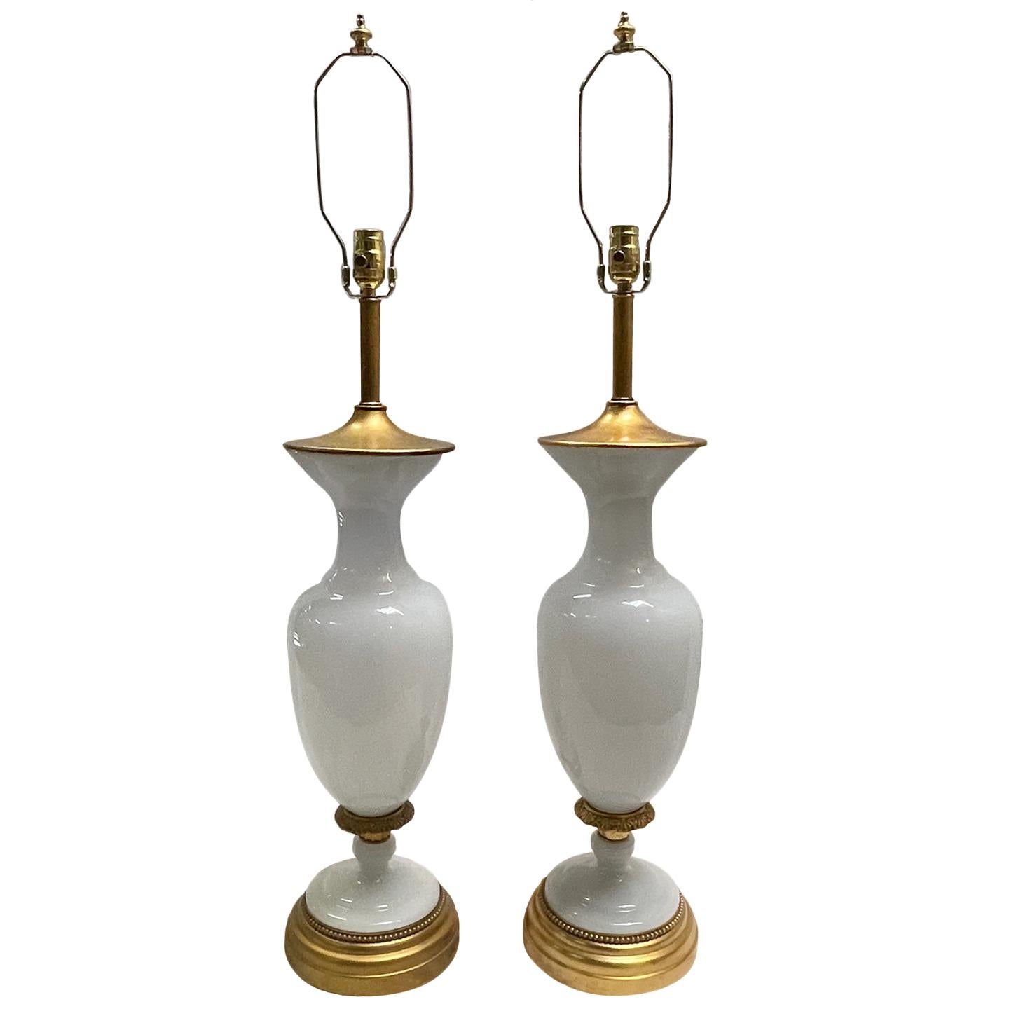 Pair of Large Opaline Glass Table Lamps In Good Condition For Sale In New York, NY