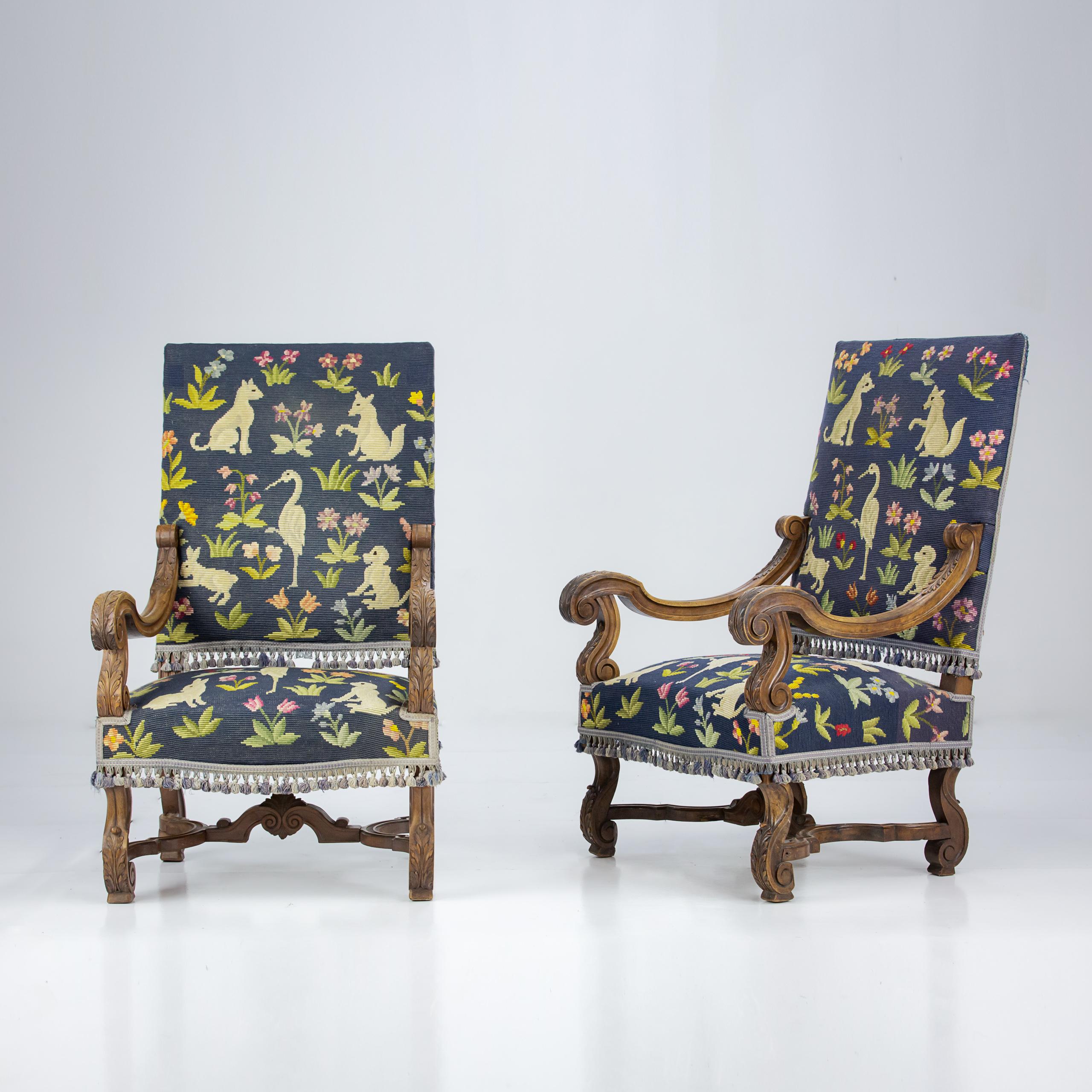 French Pair of Large Open Armchairs with Original Primitive Needlepoint Upholstery For Sale