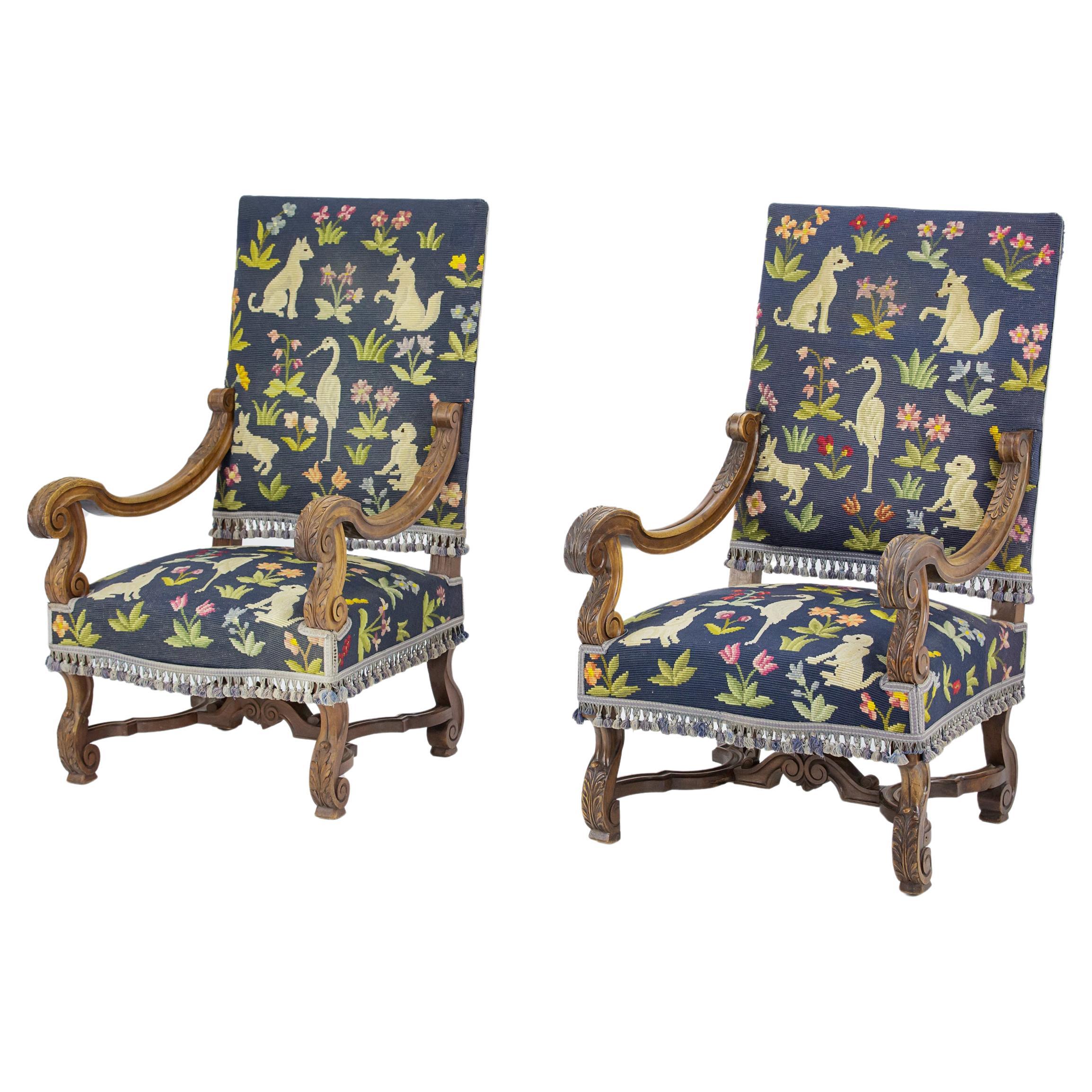 Pair of Large Open Armchairs with Original Primitive Needlepoint Upholstery