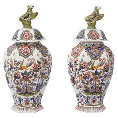 Pair of Large Dutch Delft Vases with Lids Jars, 19th Century