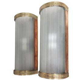 Pair of large original tubular wall sconces glass w/ brass + copper frames