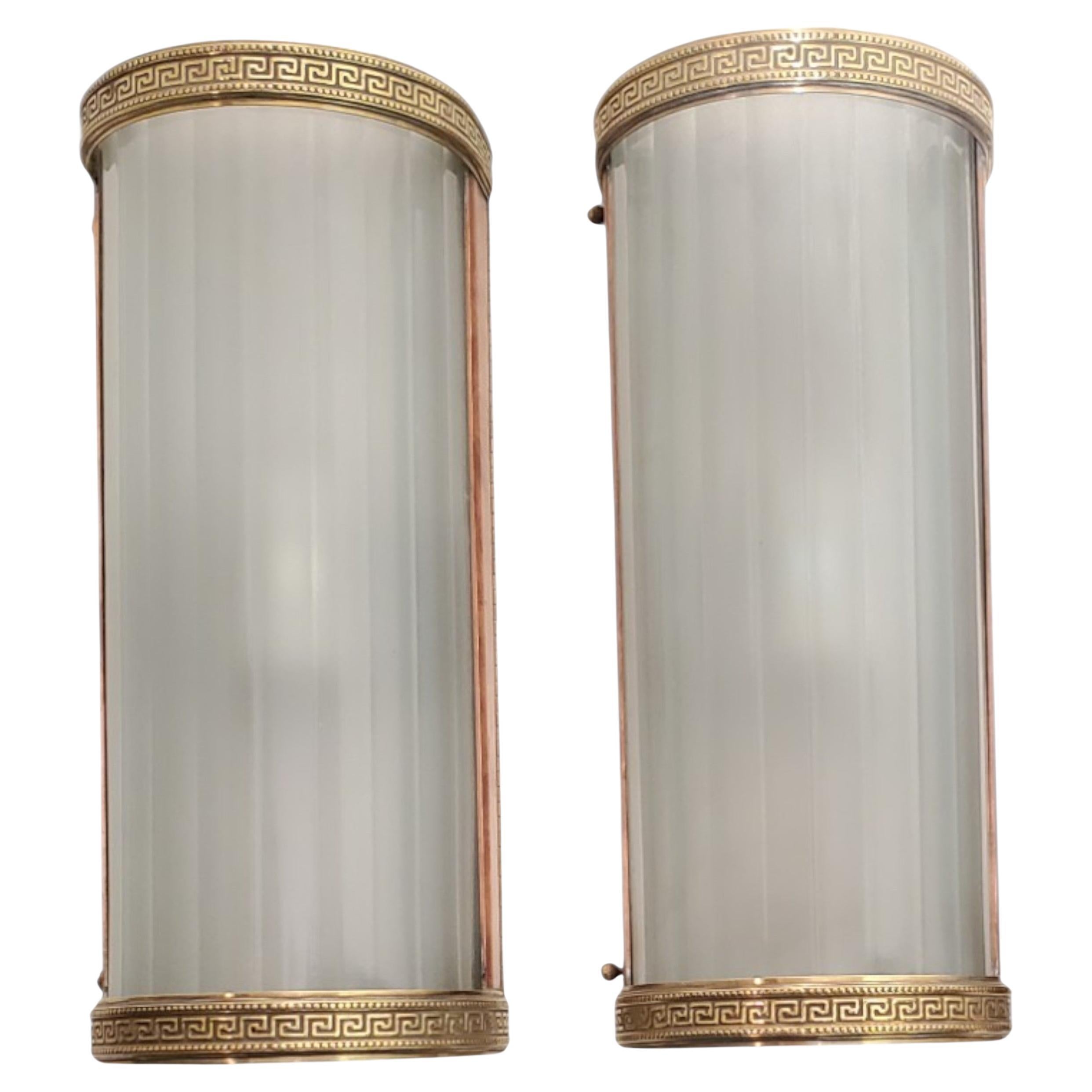Pair of large original tubular wall sconces glass w/ brass + copper frames