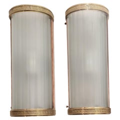 Pair of large original tubular wall sconces glass w/ brass + copper frames