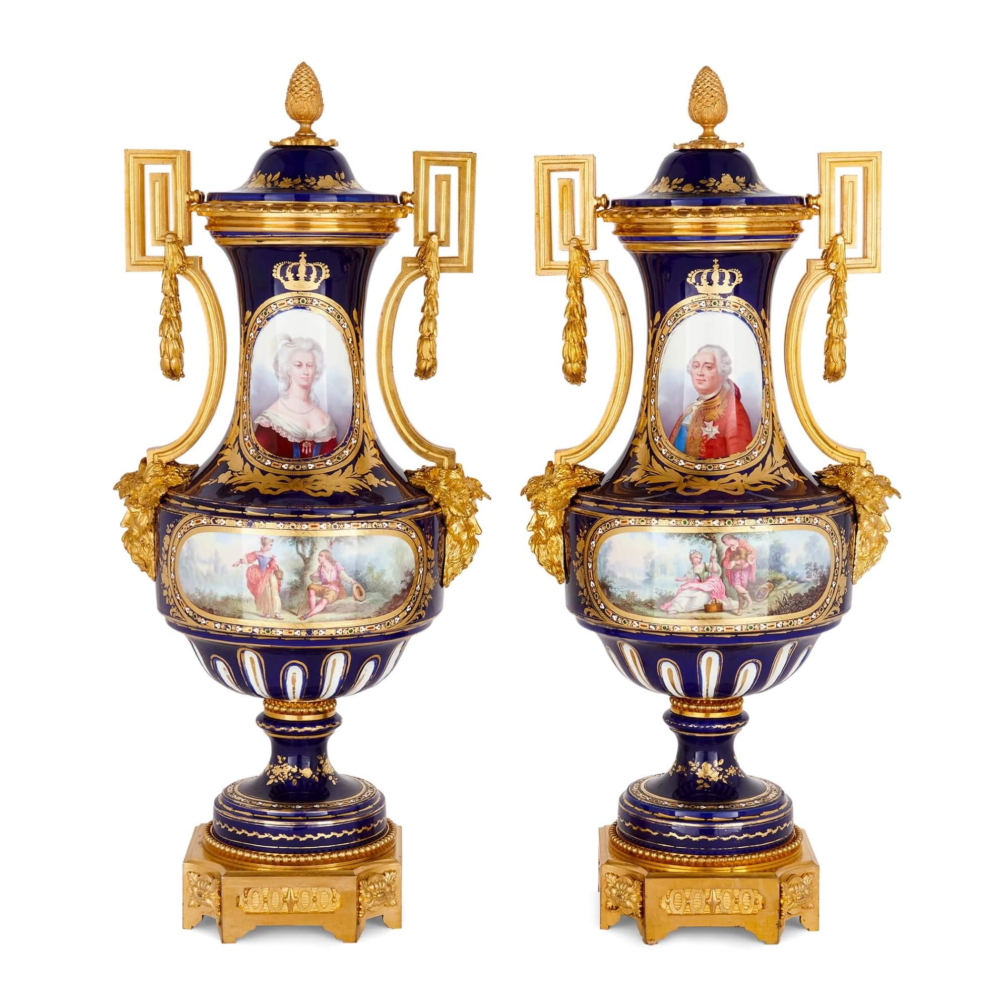 Pair of large ormolu mounted cobalt-blue ground jewelled porcelain vases 
French, Late 19th Century 
Height 68cm, width 30cm, depth 25cm

Made in the style of the renowned French Sèvres porcelain manufactory, this pair of superb vases is adorned