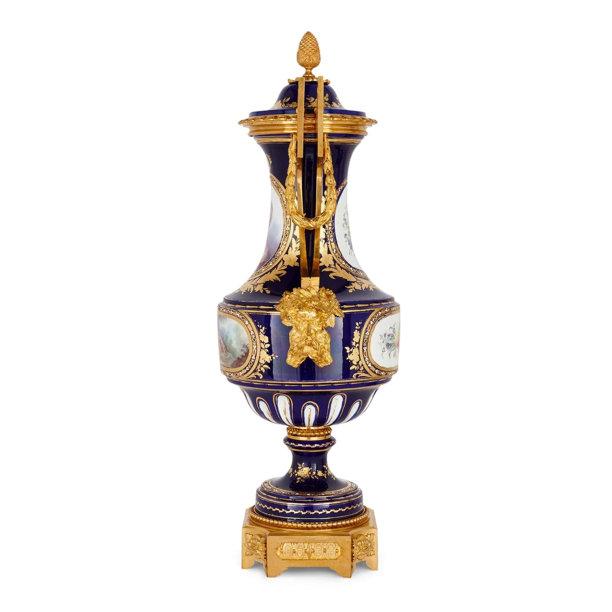 Pair of Large Ormolu Mounted Cobalt-Blue Ground Jewelled Porcelain Vases In Good Condition For Sale In London, GB