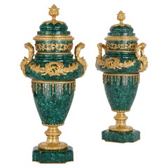 Pair of Large, Ormolu-Mounted Malachite Vases