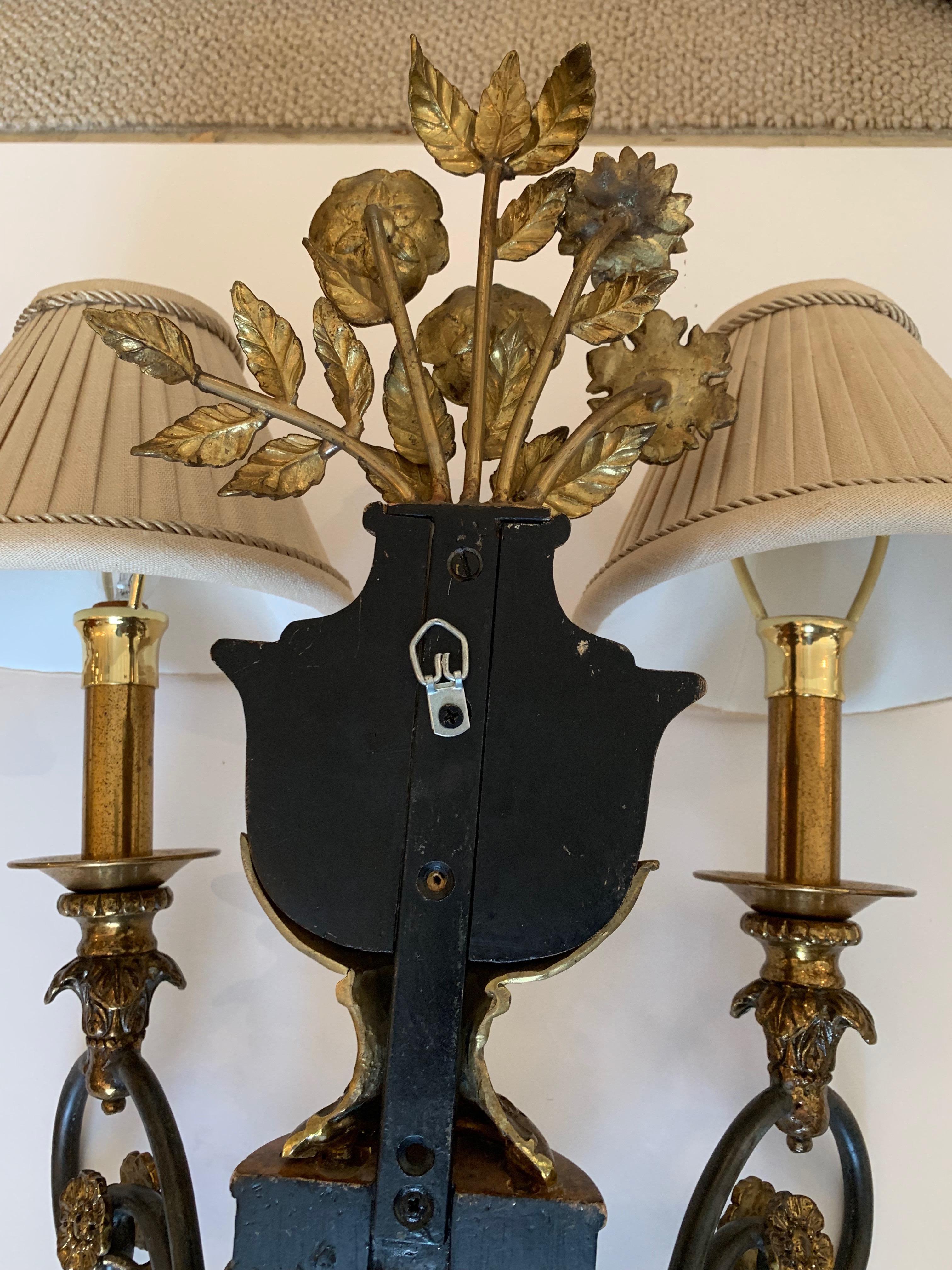 Pair of Large Maitland Smith Ornate Floral Motife Brass Sconces  For Sale 4