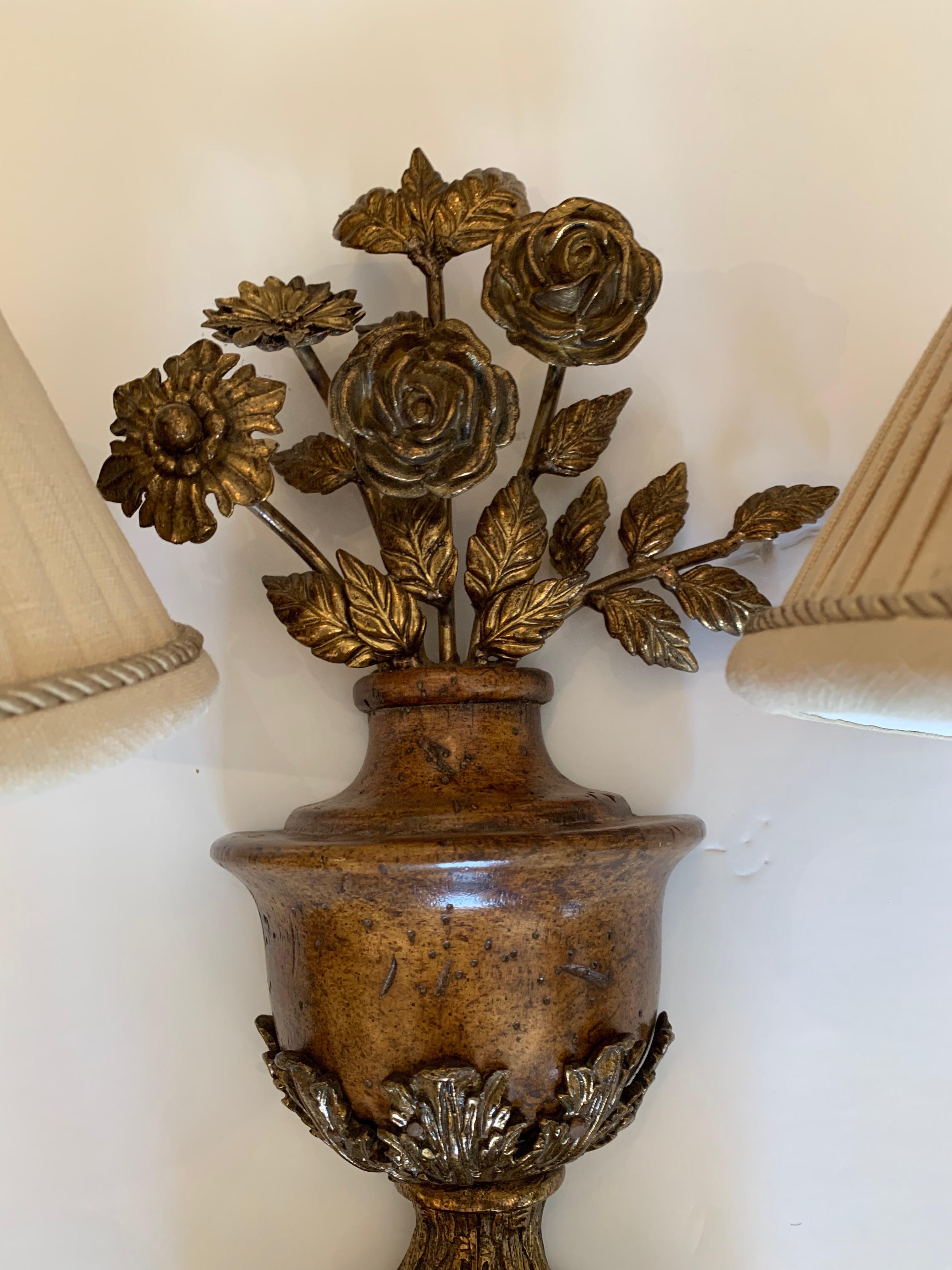 Pair of Large Maitland Smith Ornate Floral Motife Brass Sconces  In Excellent Condition For Sale In Hopewell, NJ