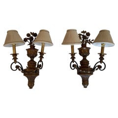 Pair of Large Maitland Smith Ornate Floral Motife Brass Sconces 