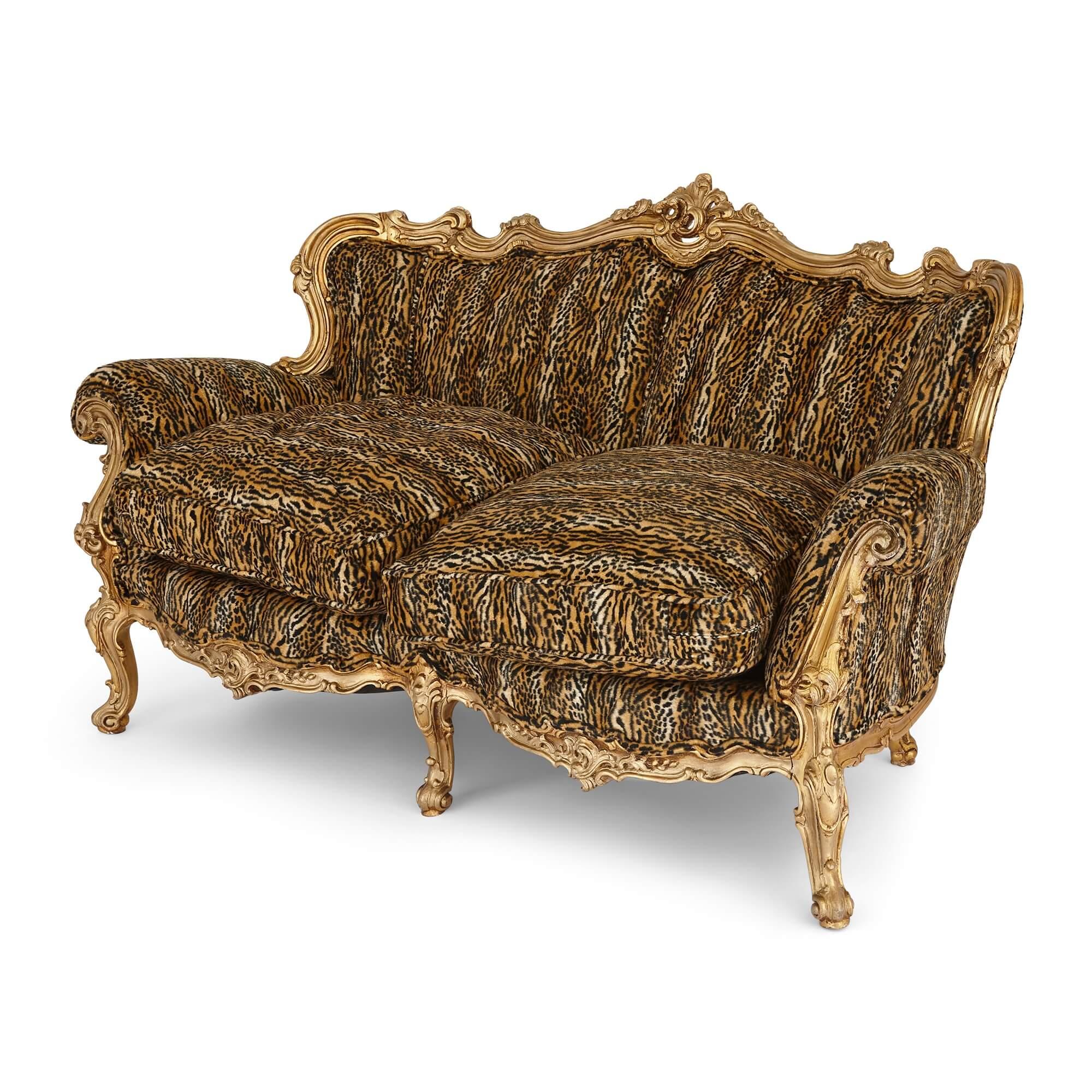 Modern Pair of Large Ornate Giltwood Antique Sofas For Sale