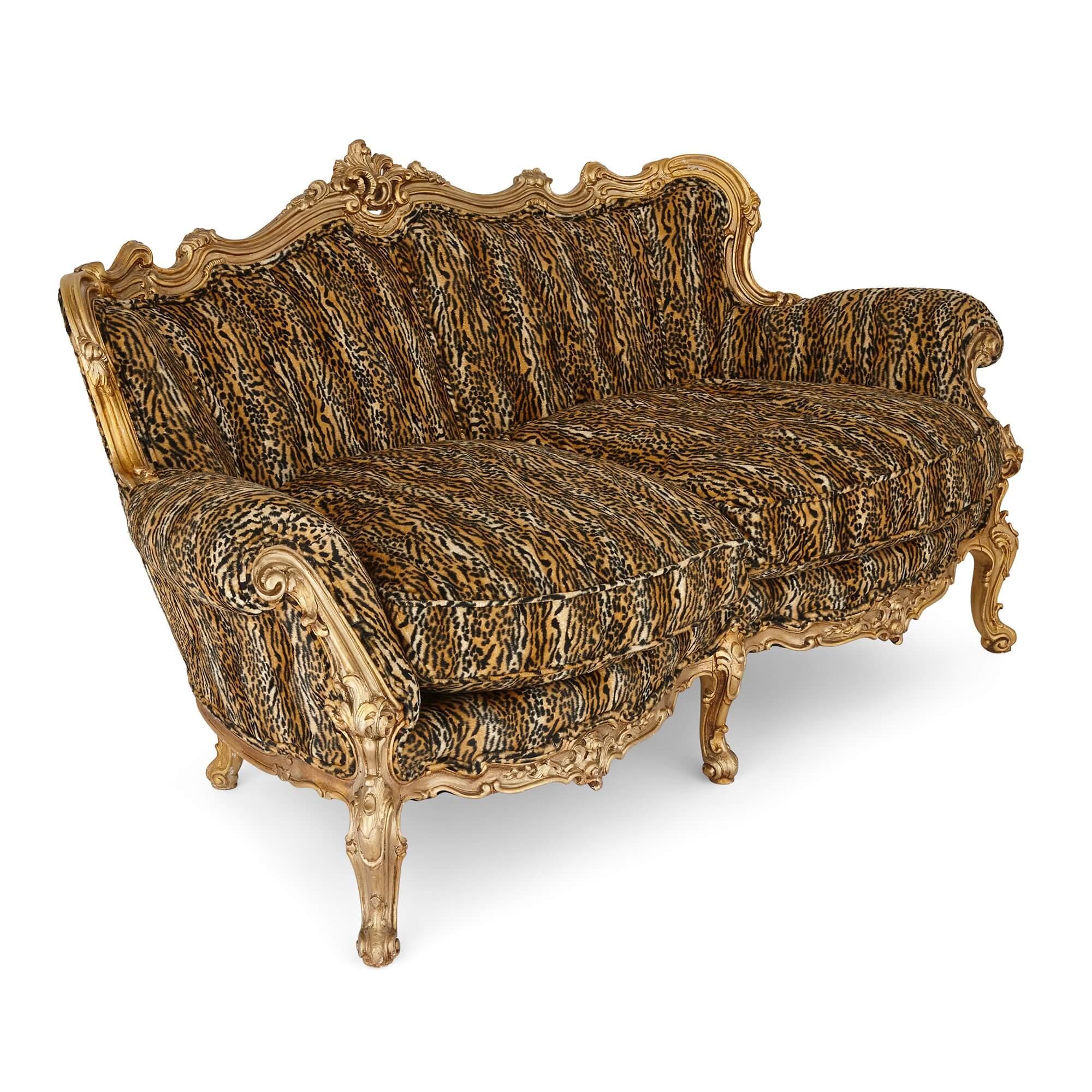 French Pair of Large Ornate Giltwood Antique Sofas For Sale
