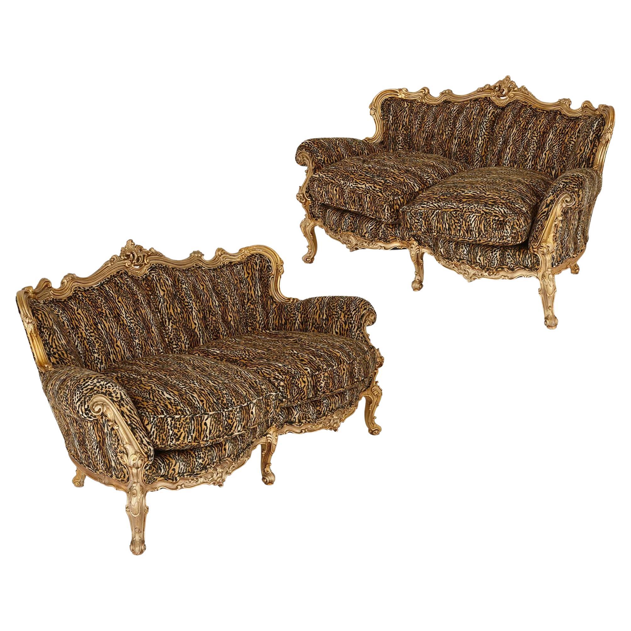 Pair of Large Ornate Giltwood Antique Sofas For Sale