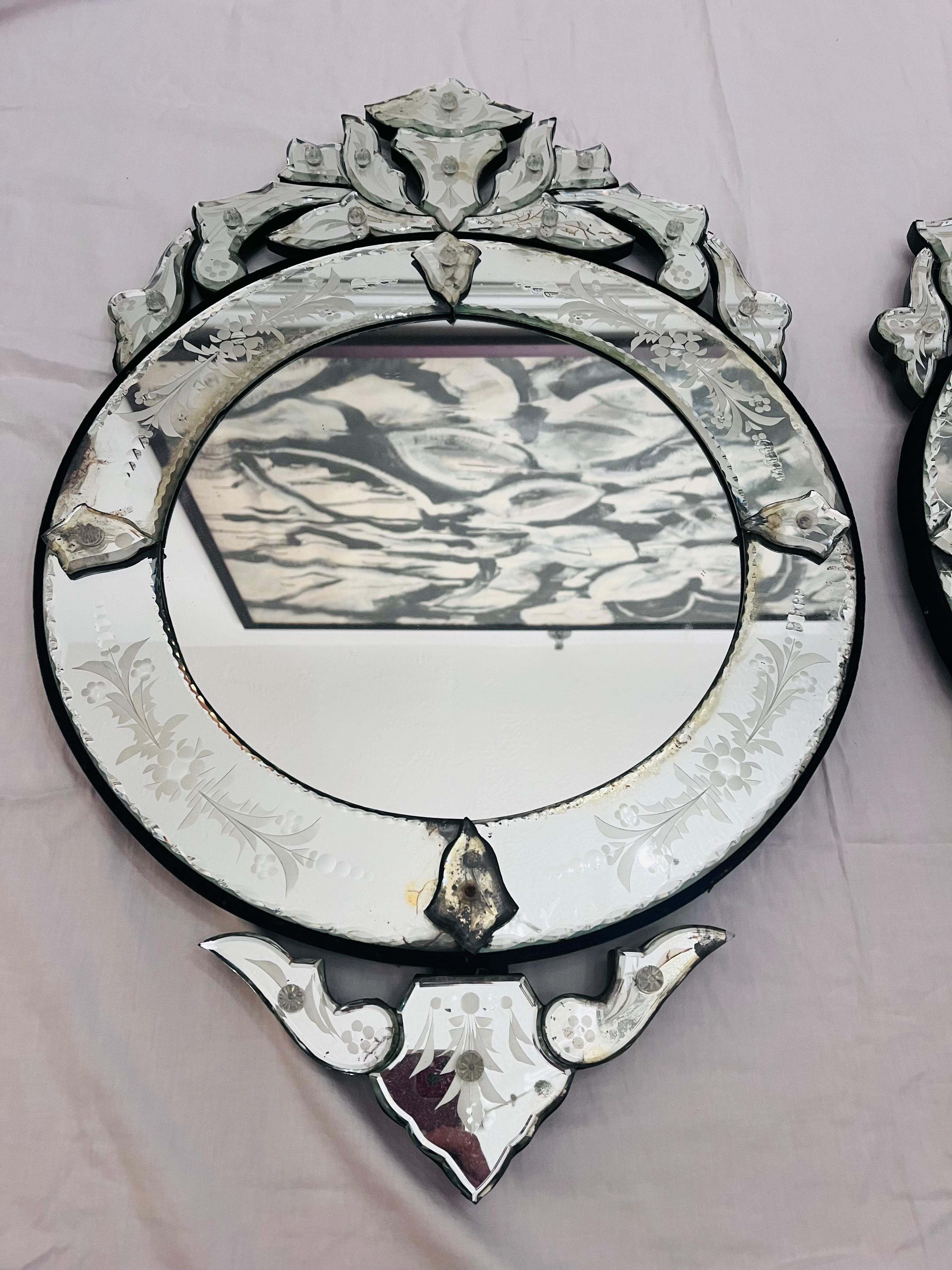 Italian Pair of Large Ornate Venetian Mirrors of Round Tondo Form with Foliate Designs For Sale