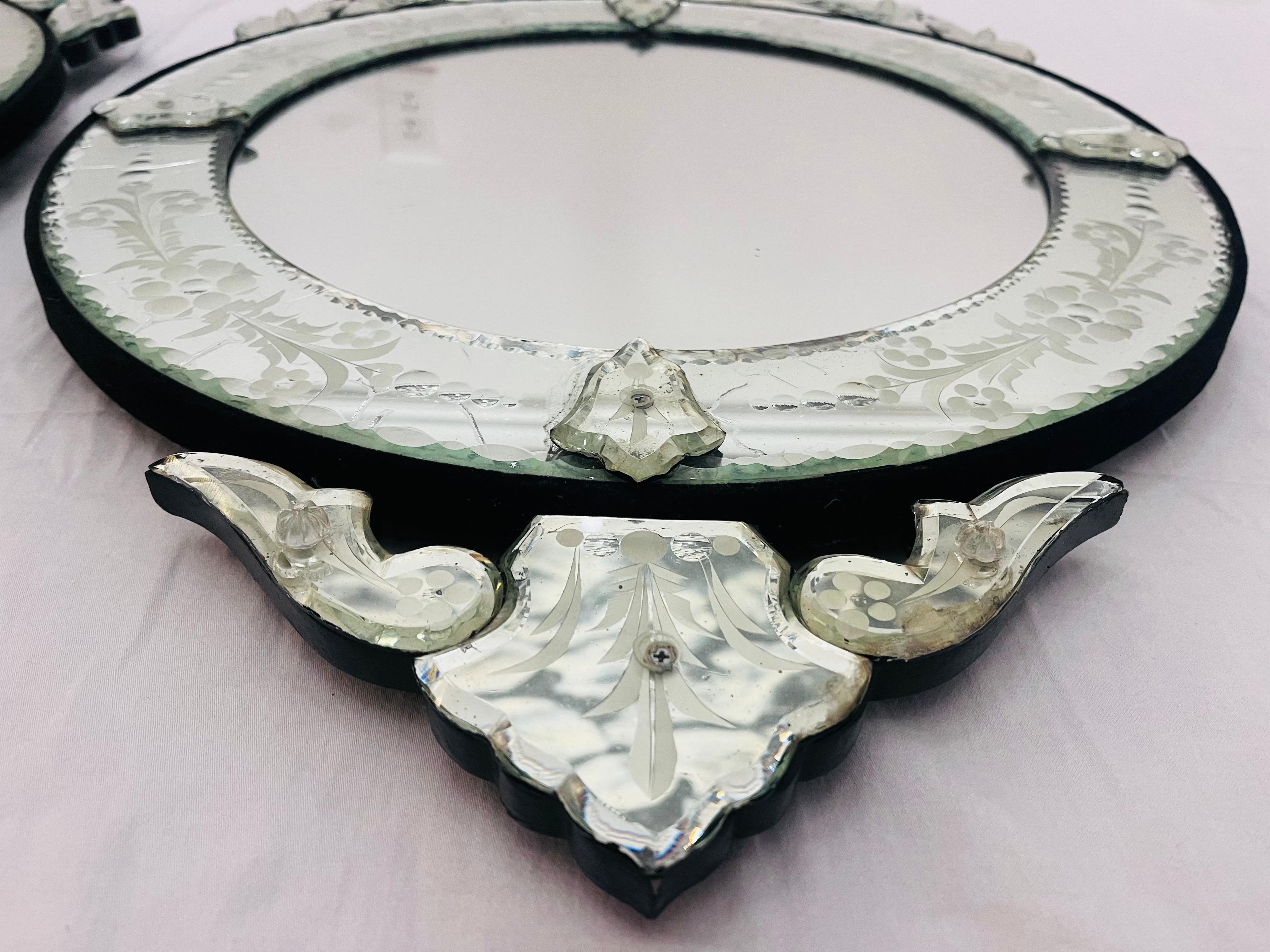 Glass Pair of Large Ornate Venetian Mirrors of Round Tondo Form with Foliate Designs For Sale