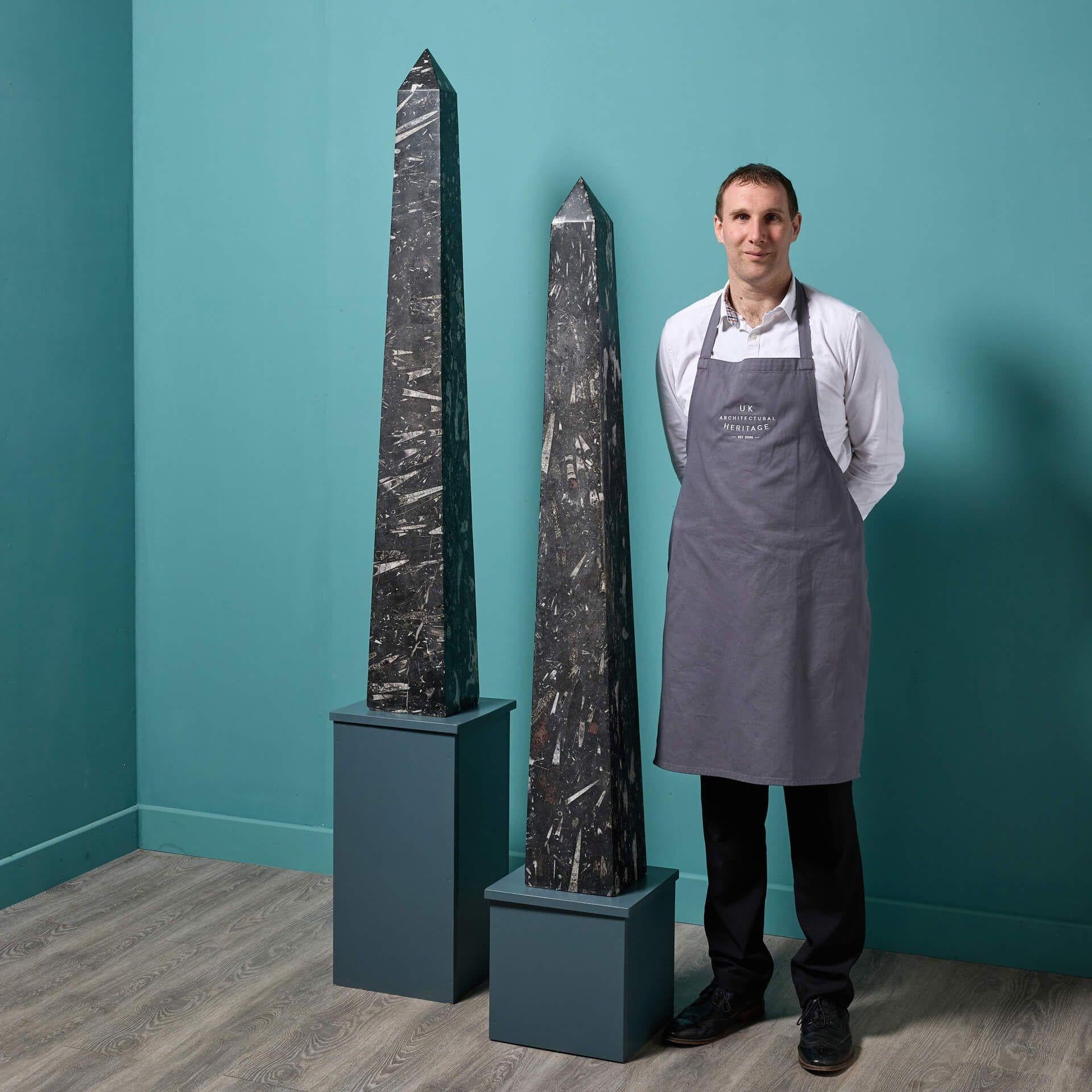 Una grande coppia di obelischi di Orthoceras. Questa coppia monumentale è un'impressionante decorazione d'interni.

Con un look senza tempo in uno stile moderno di metà secolo, questi obelischi sono una coppia sorprendente per proprietà vecchie e