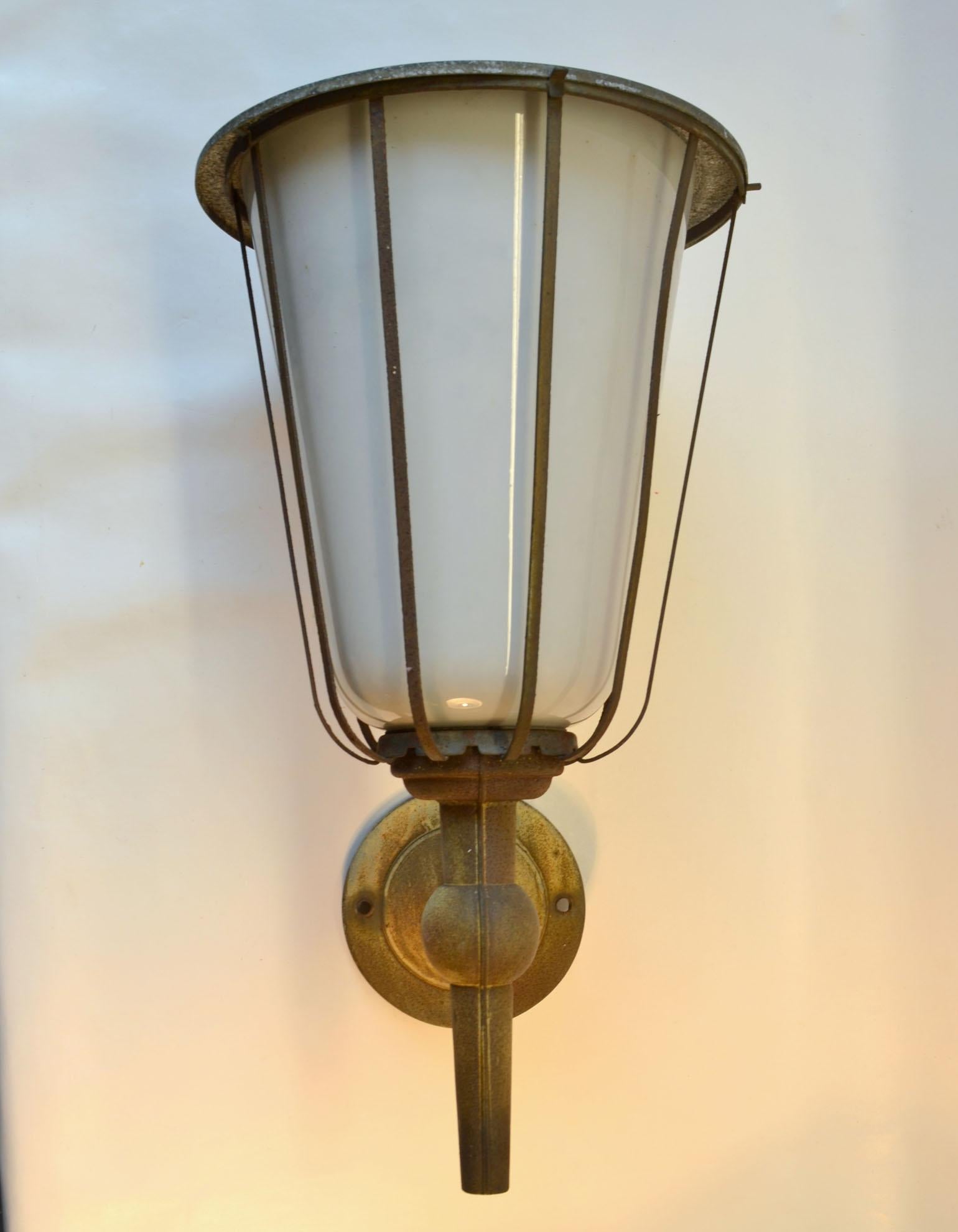 Pair of Large Outdoor Lanterns, Metal & White Glass, Early 20th Century, France In Good Condition In London, GB