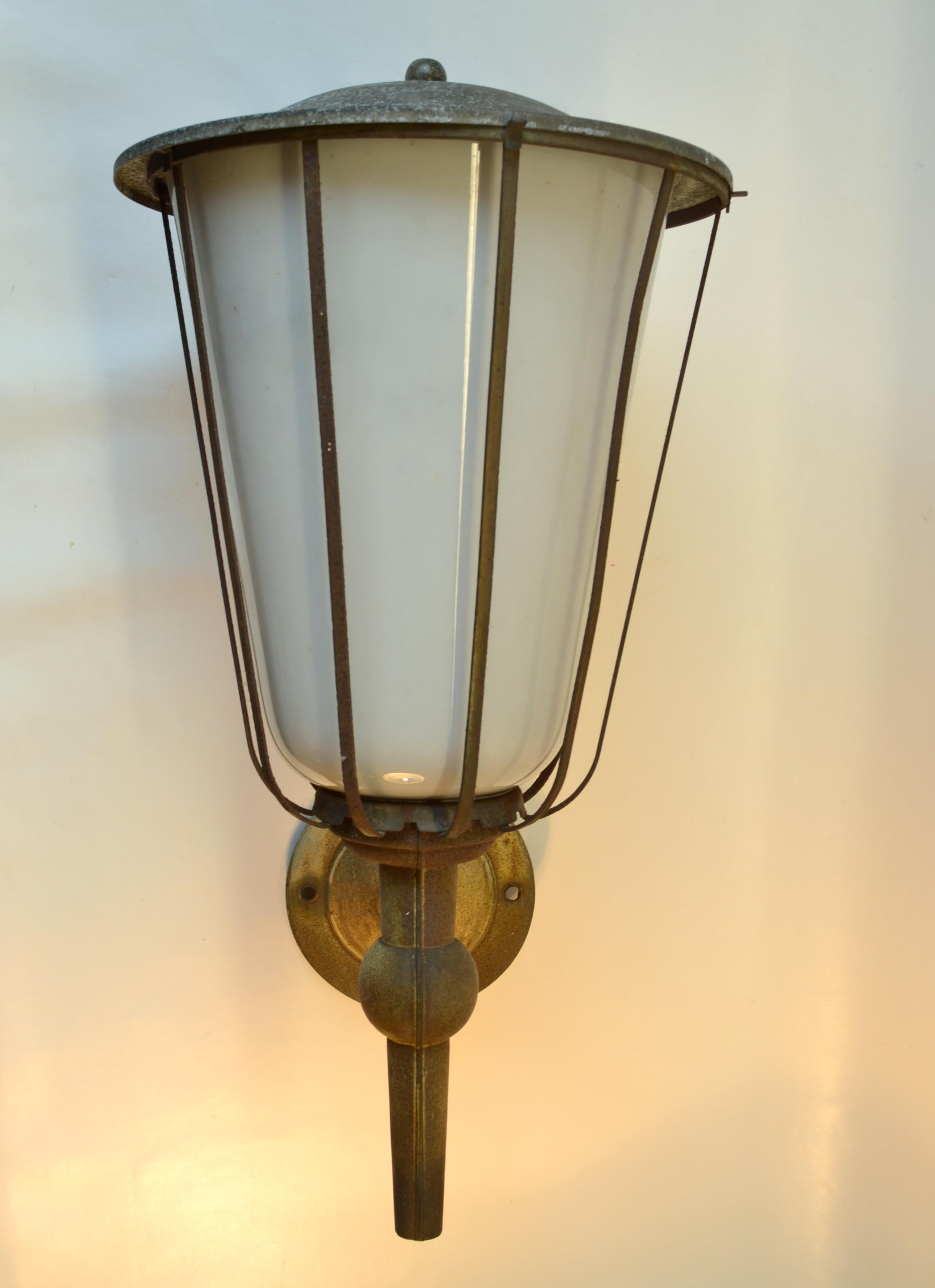 19th Century Pair of Large Outdoor Lanterns, Metal & White Glass, Early 20th Century, France