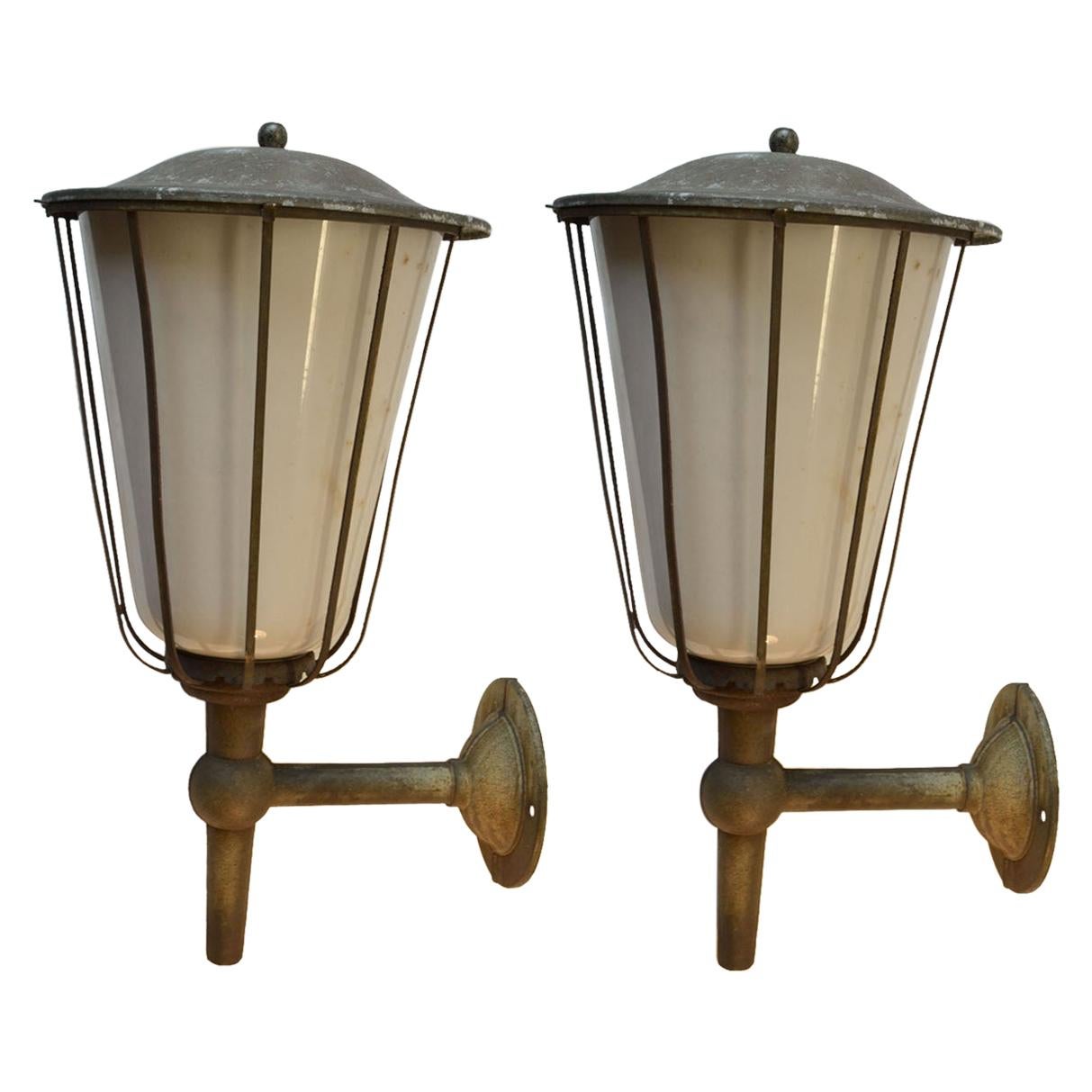 Pair of Large Outdoor Lanterns, Metal & White Glass, Early 20th Century, France