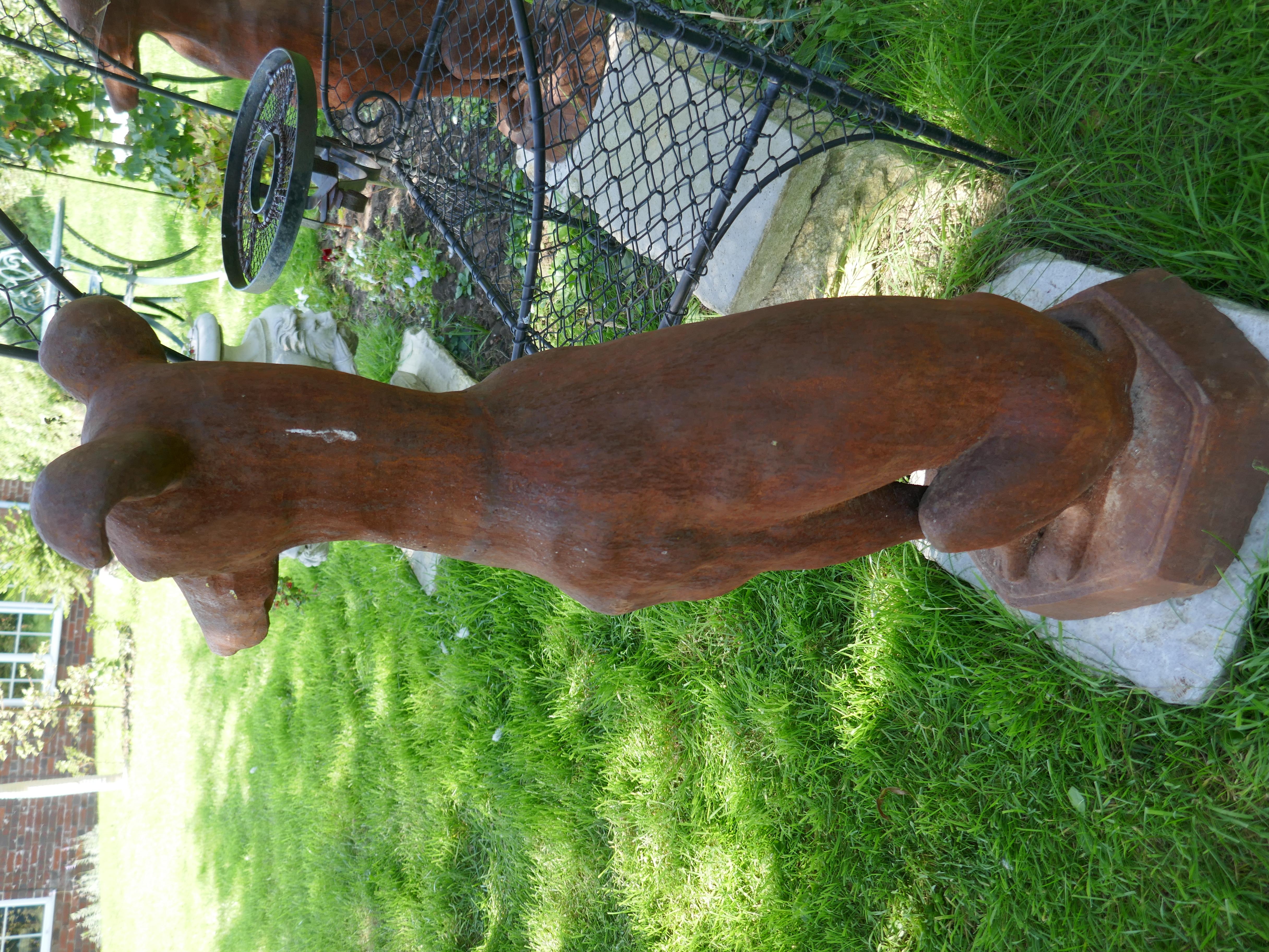 20th Century Pair of Large Outdoor Weathered Cast Iron Greyhound Dogs