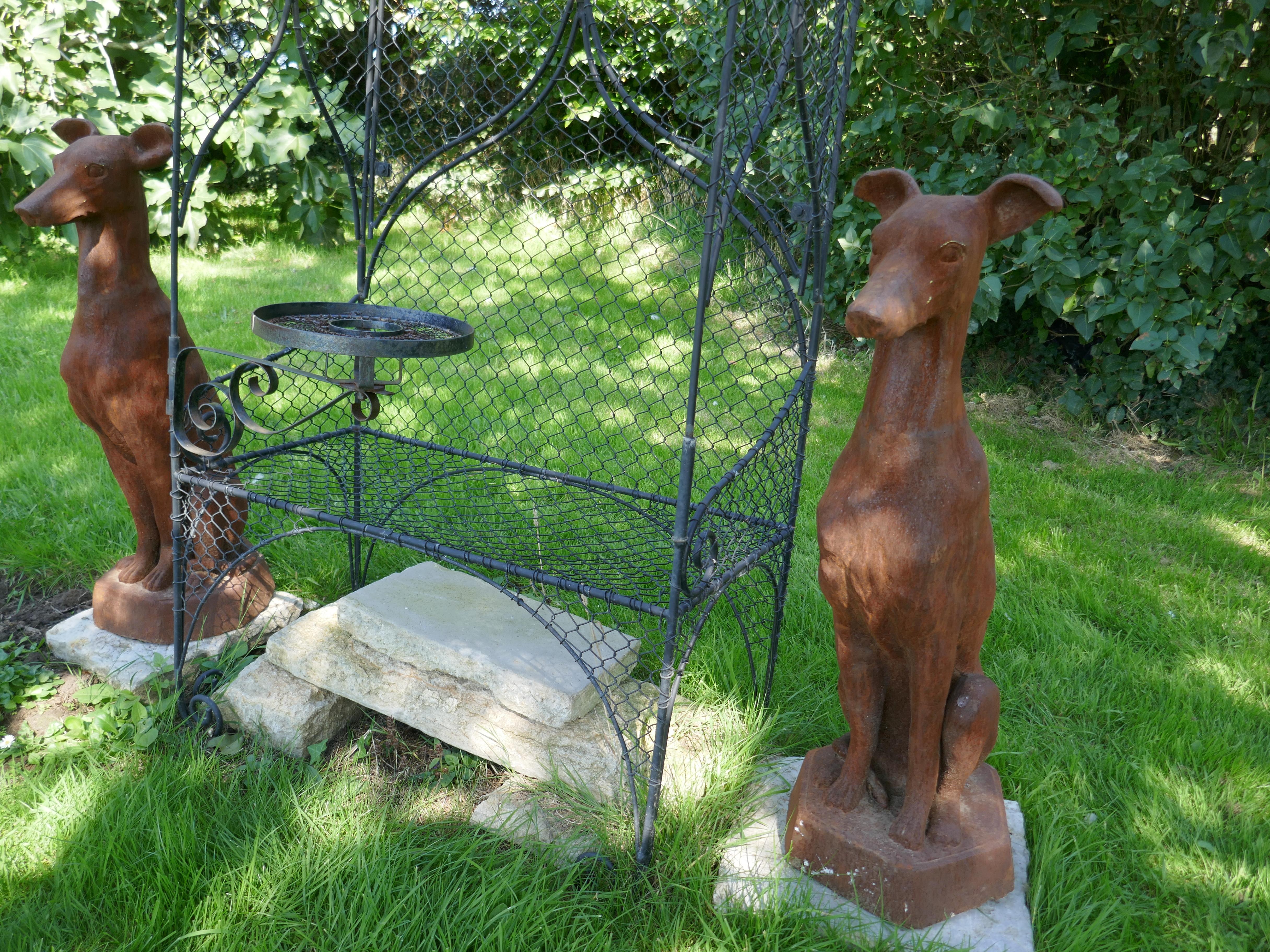 Pair of Large Outdoor Weathered Cast Iron Greyhound Dogs 1