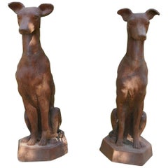 Retro Pair of Large Outdoor Weathered Cast Iron Greyhound Dogs