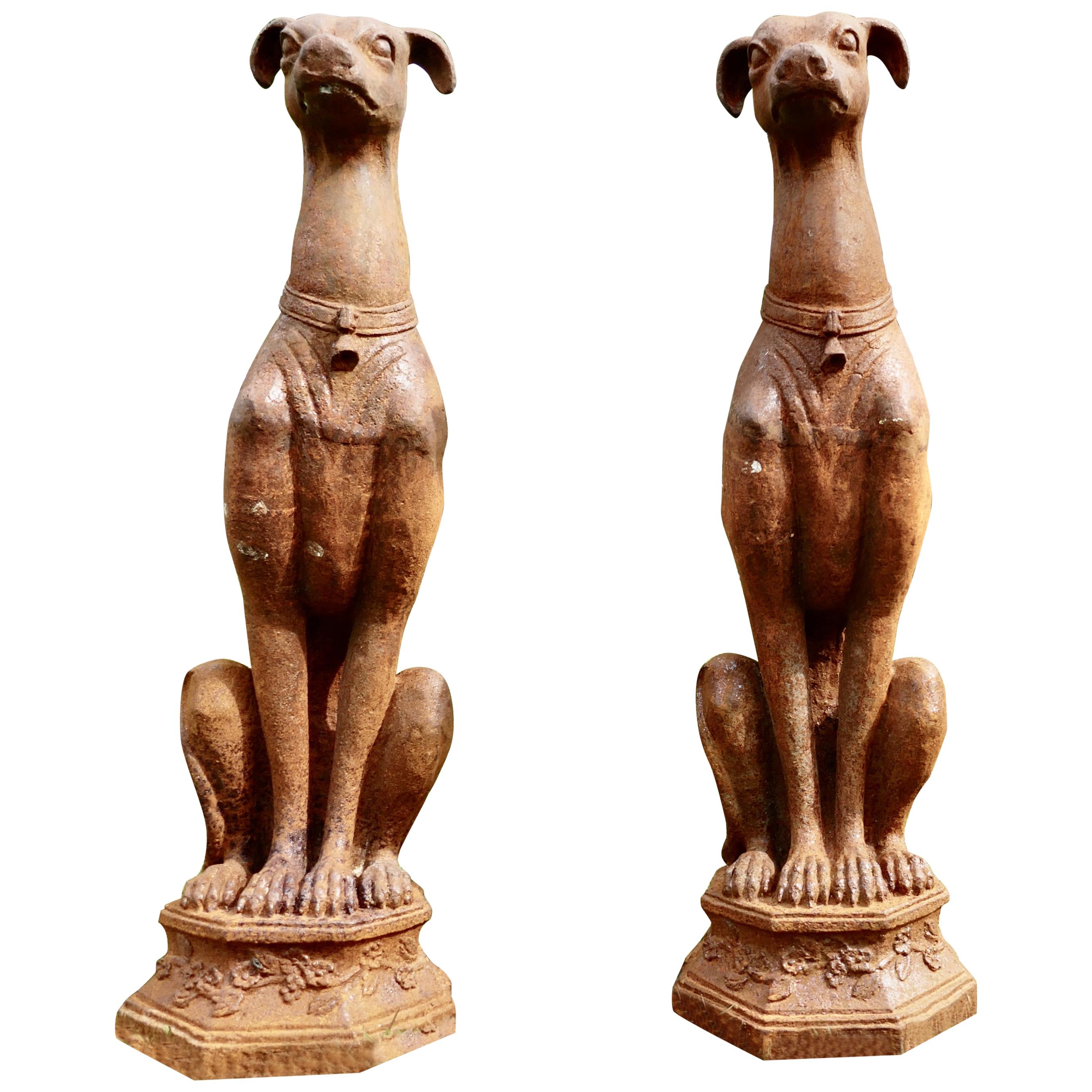 Pair of Large Outdoor Weathered Cast Iron Greyhound Dogs