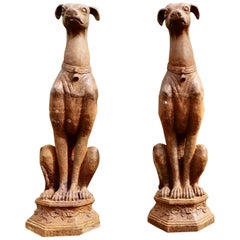 Vintage Pair of Large Outdoor Weathered Cast Iron Greyhound Dogs