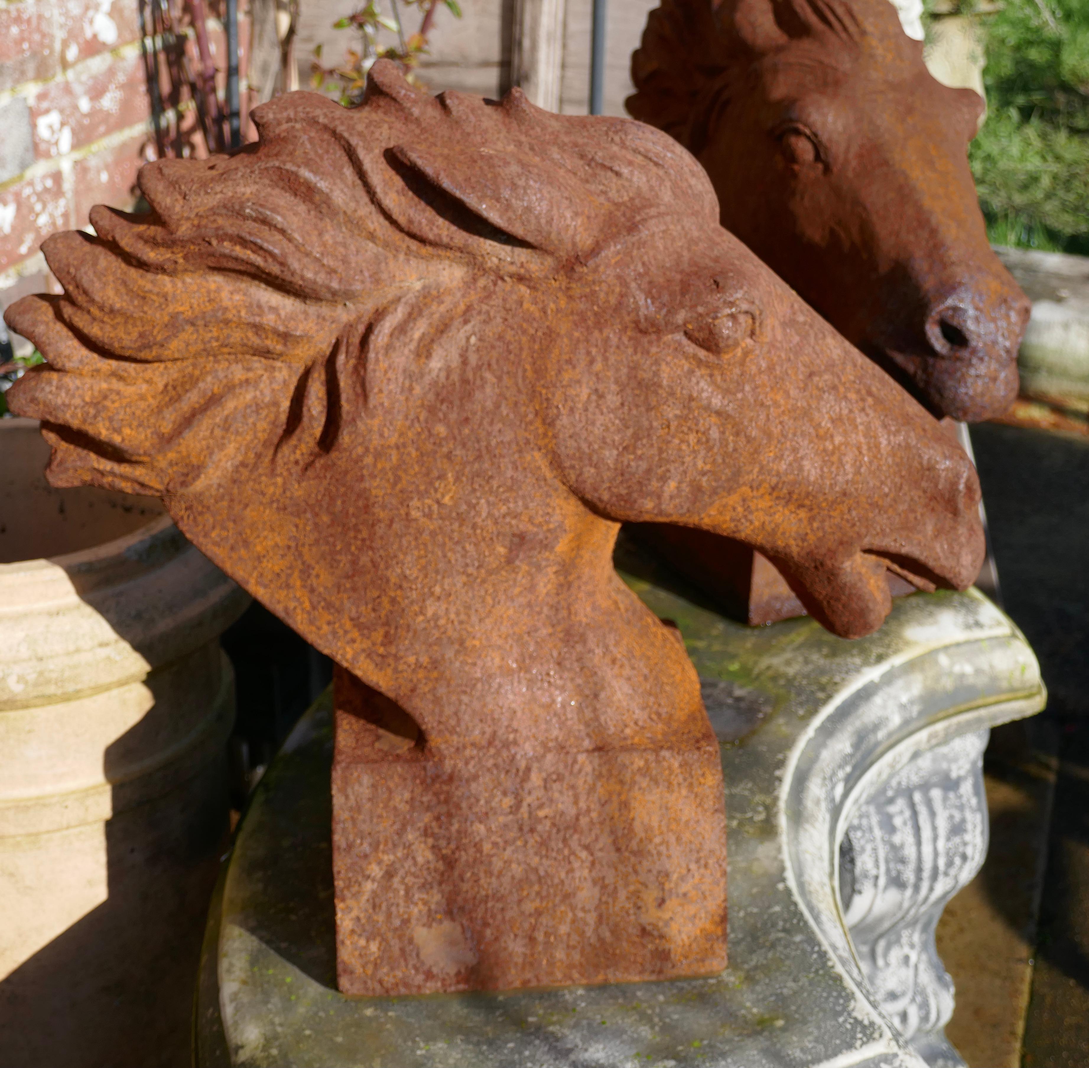 Folk Art Pair of Large Outdoor Weathered Cast Iron Horse Heads