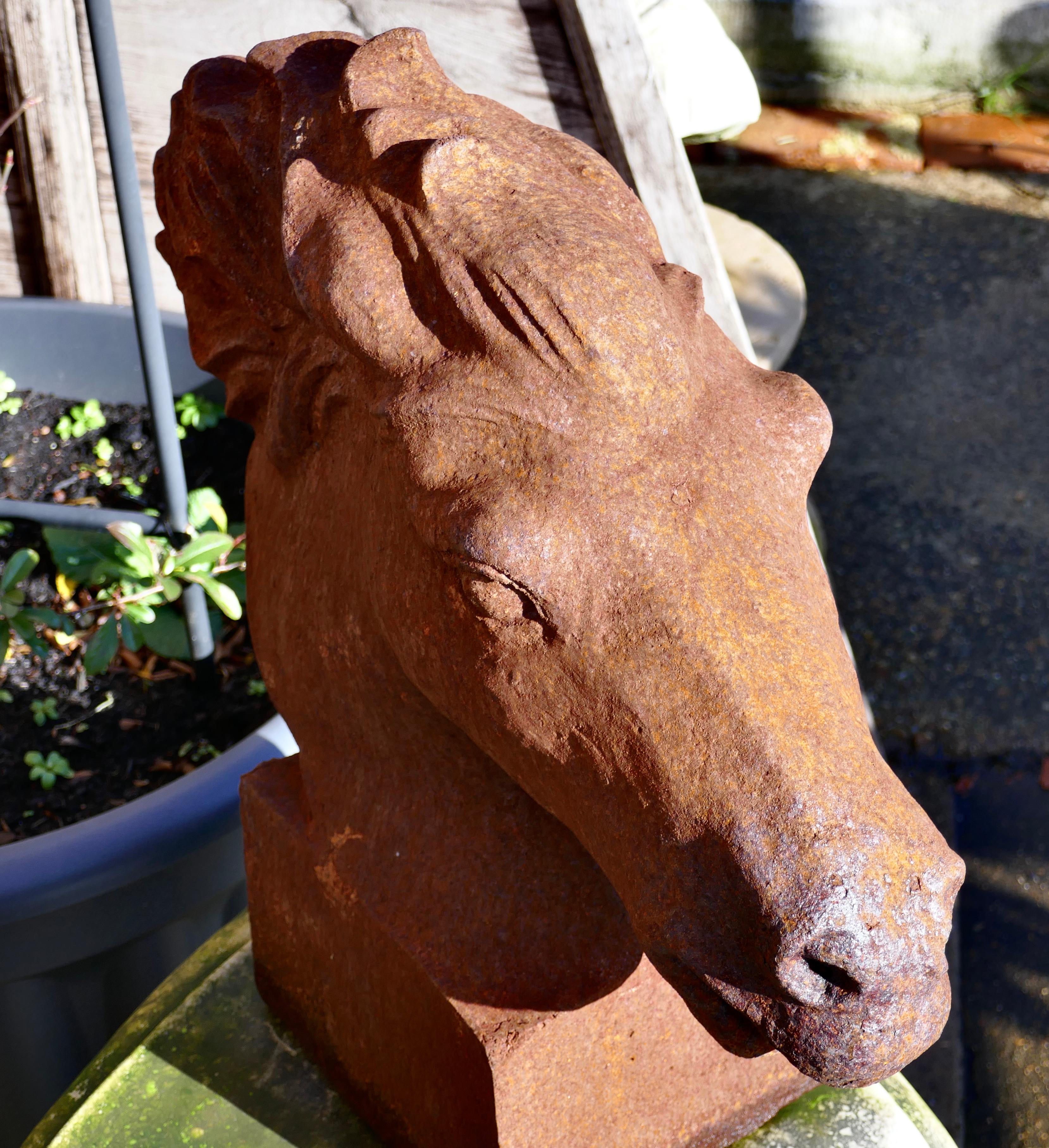 Pair of Large Outdoor Weathered Cast Iron Horse Heads In Good Condition In Godshill, Isle of Wight