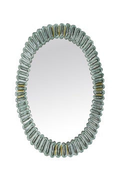 Pair of Large Oval Aqua Murano Glass Mirrors, in Stock