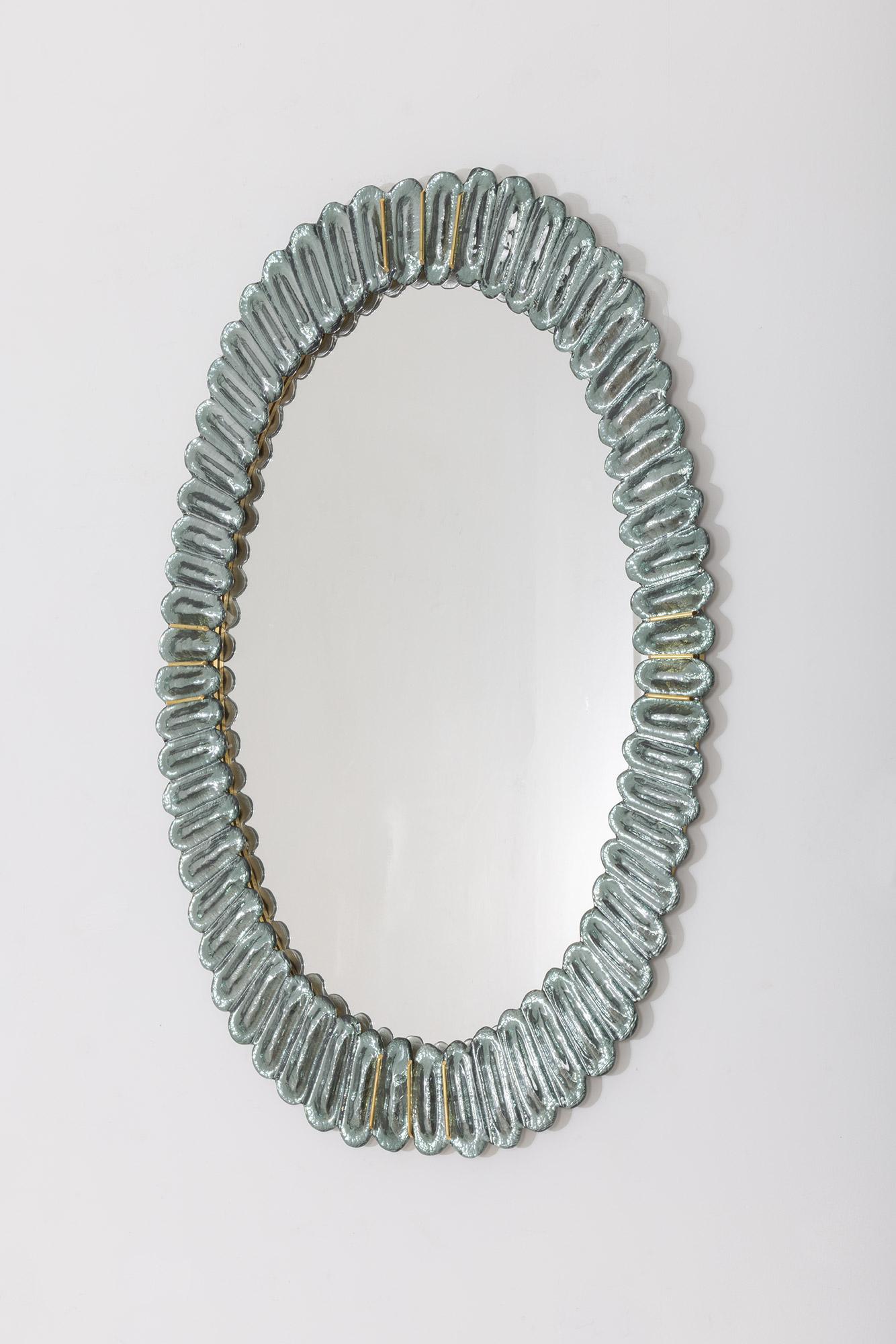 Molded Pair of Large Oval Aqua Murano Glass Mirrors, in Stock