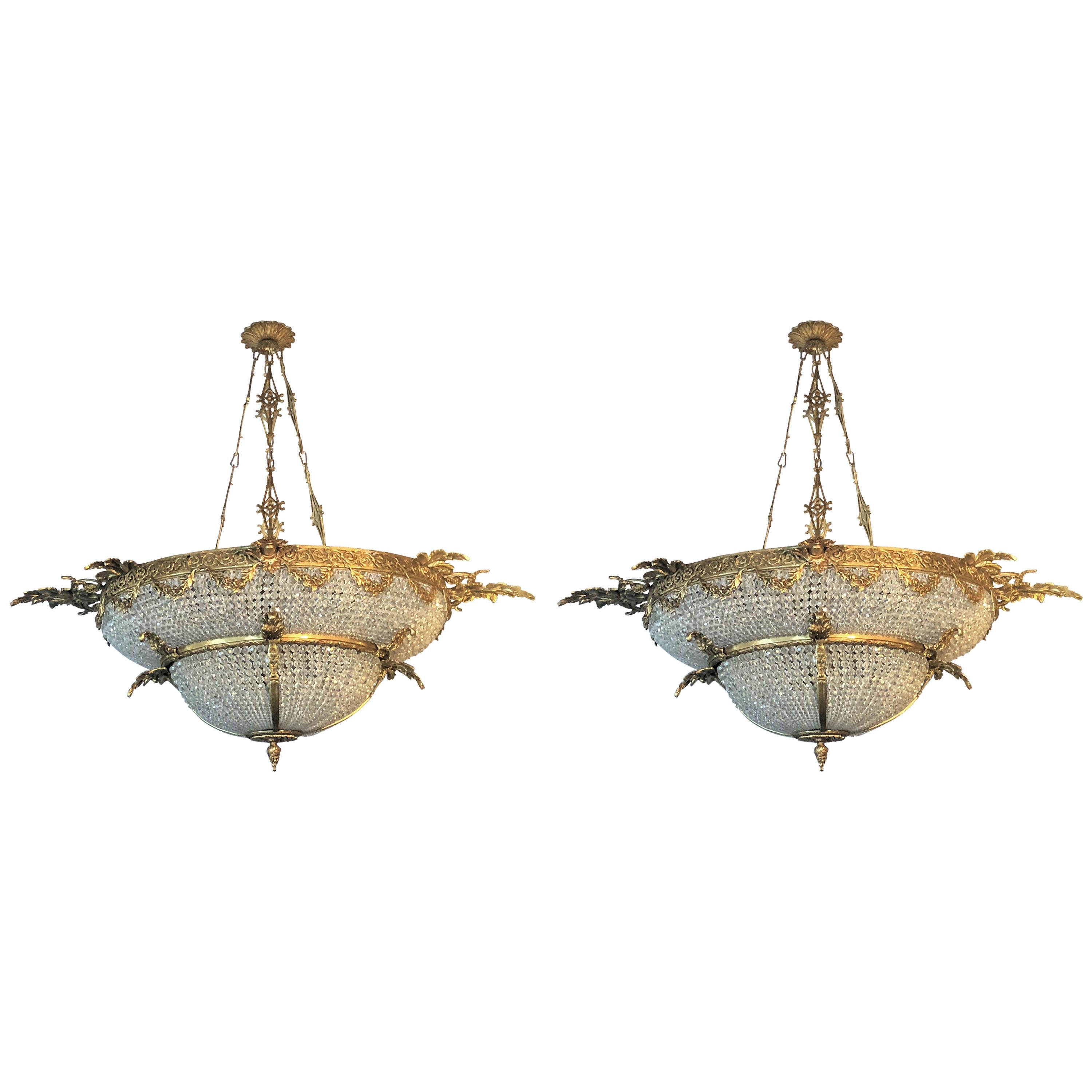 Pair of Large Oval Double Bowl Shape Bronze and Crystal Basket Chandeliers