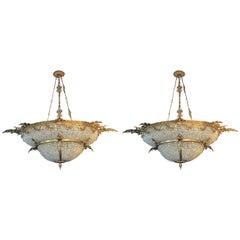 Pair of Large Oval Double Bowl Shape Bronze and Crystal Basket Chandeliers