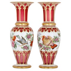 Pair of Large Overlay Opaline Glass Vases by Baccarat