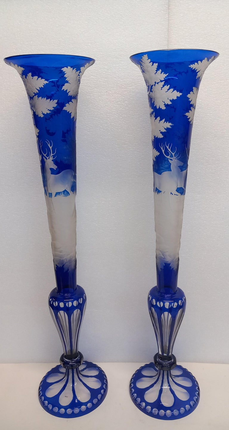 Pair of Large Overly Bohemain Trumpet Vases For Sale at 1stDibs