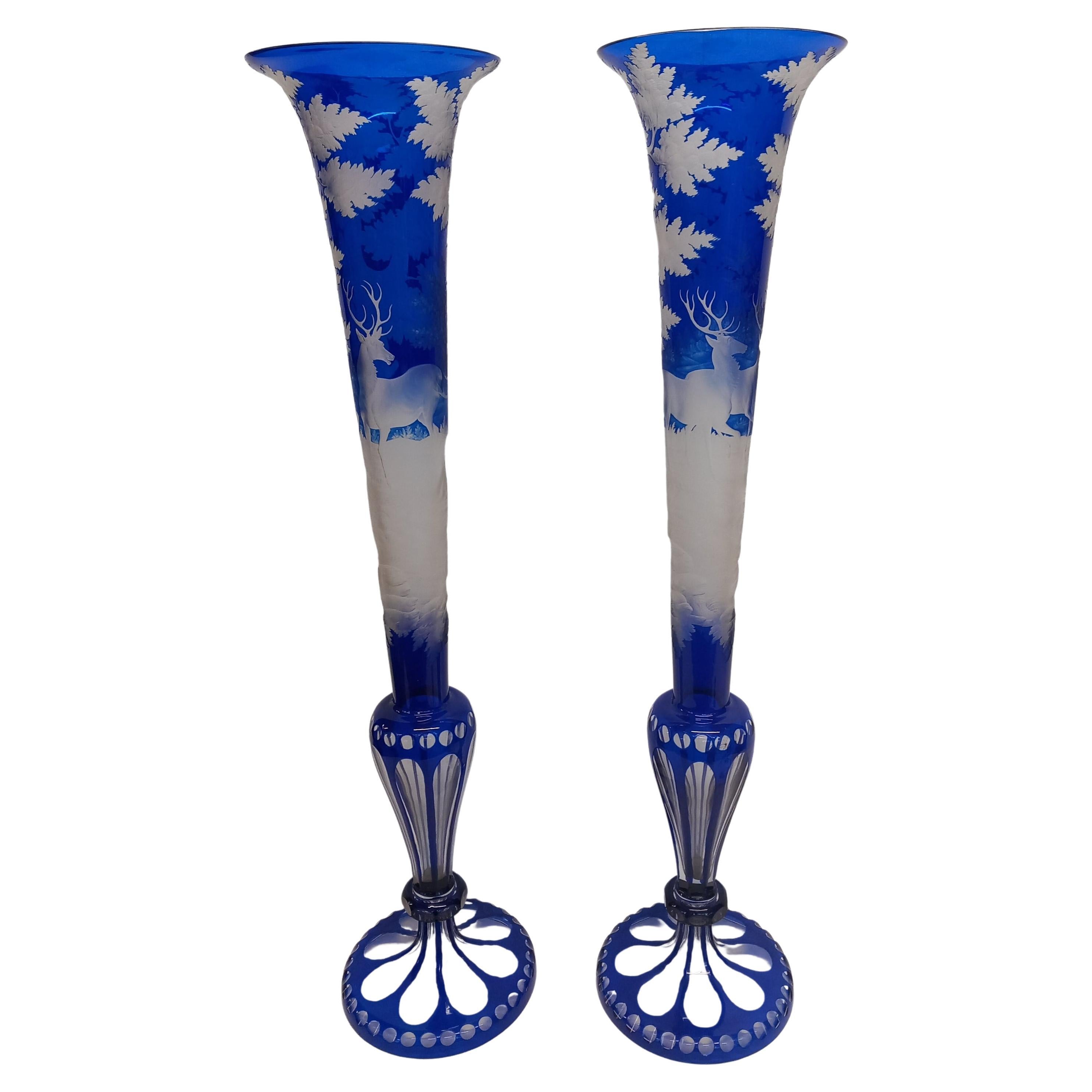  Pair of Large Overly Bohemain Trumpet Vases