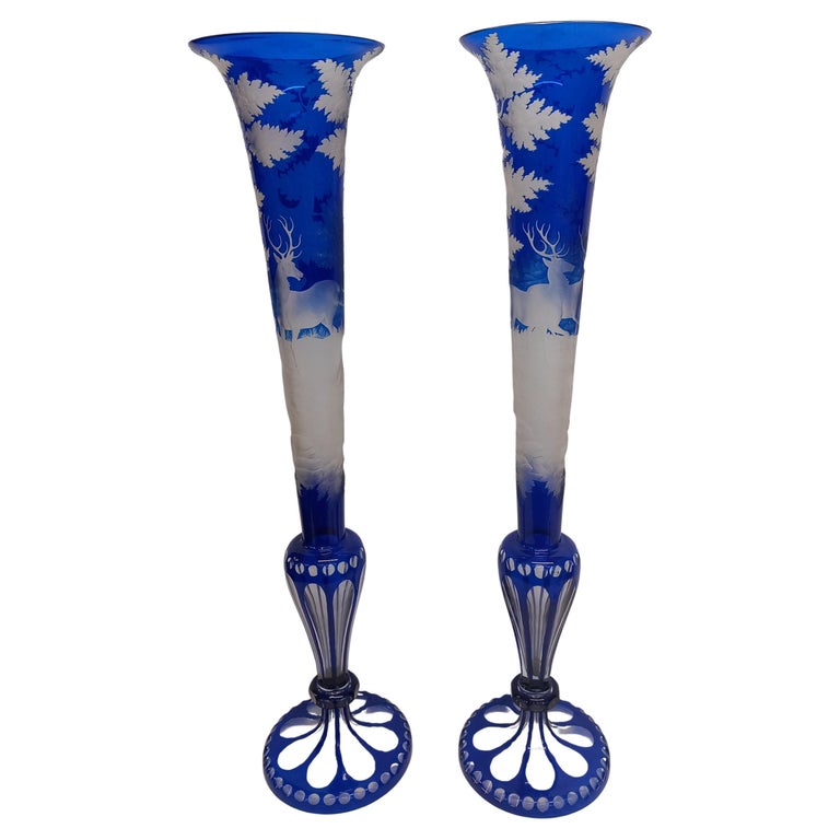 Pair of Large Overly Bohemain Trumpet Vases For Sale at 1stDibs