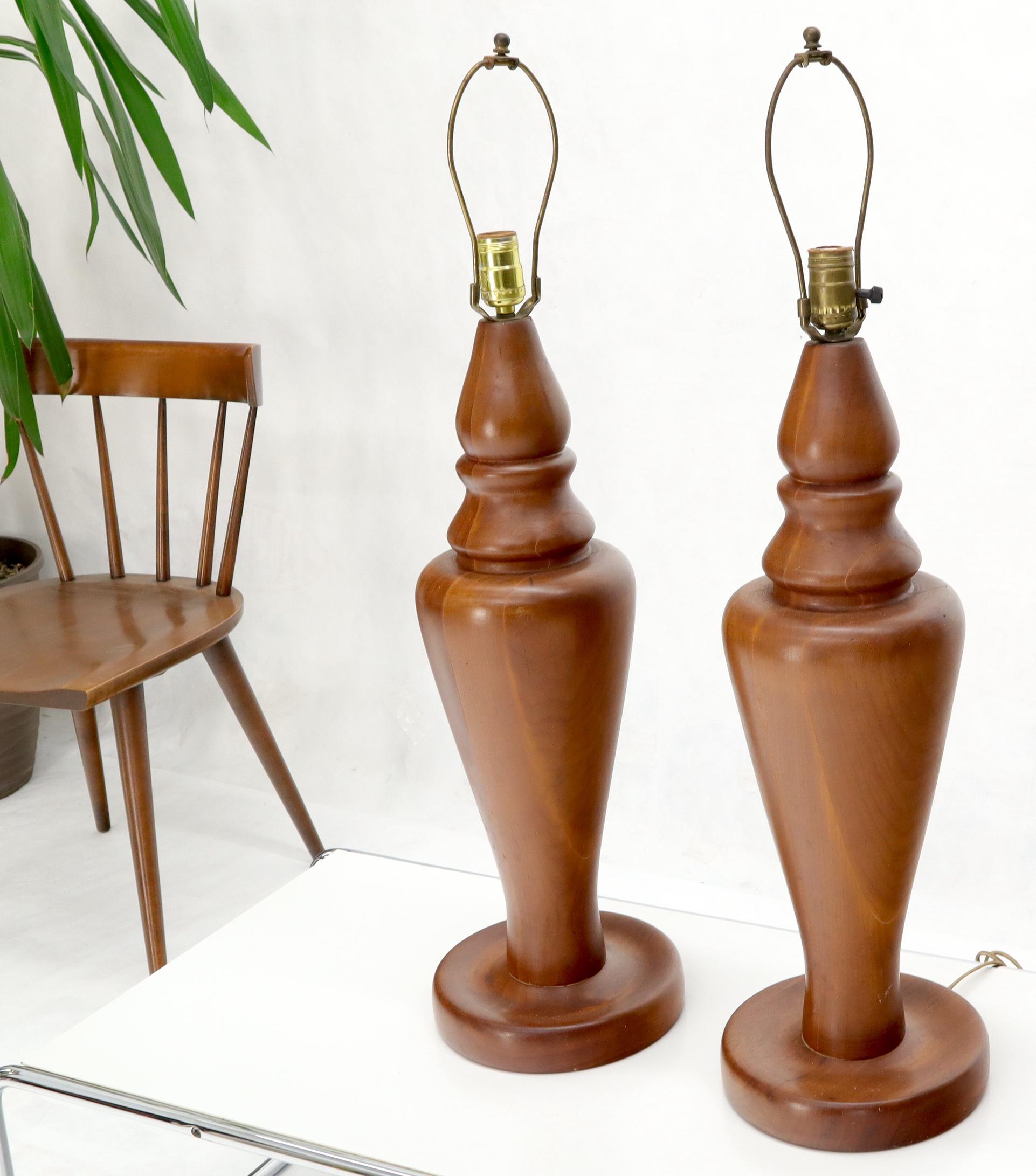 Mid-Century Modern Pair of Large Oversize Heavy Turned Solid Teak Table Lamps For Sale